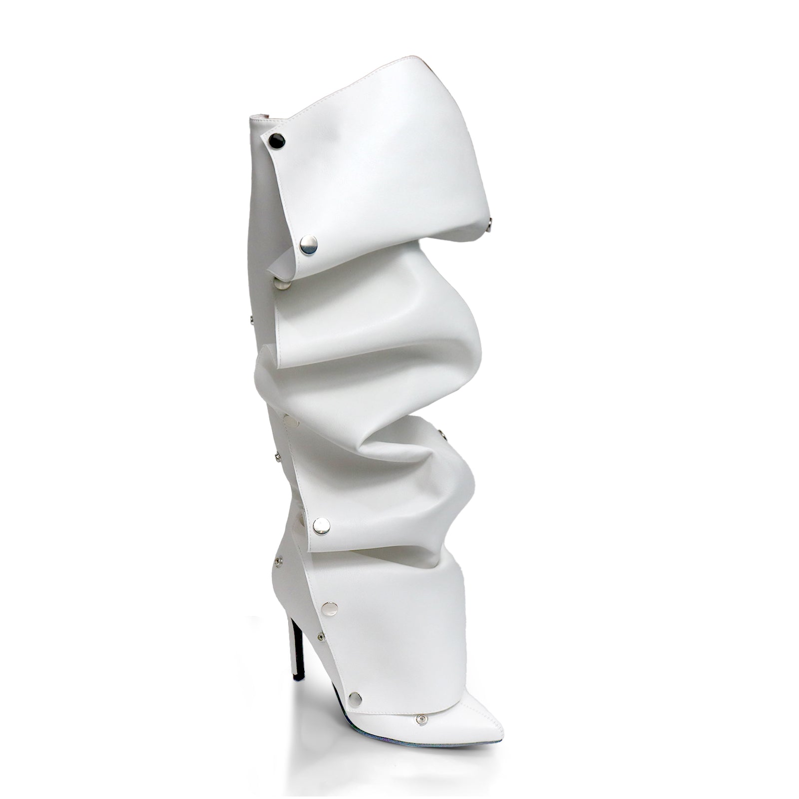 MAGE-1 POINTED TOE PRESS STUD KNEE-HIGH BOOTS W/ STILETTO HEEL WHITE