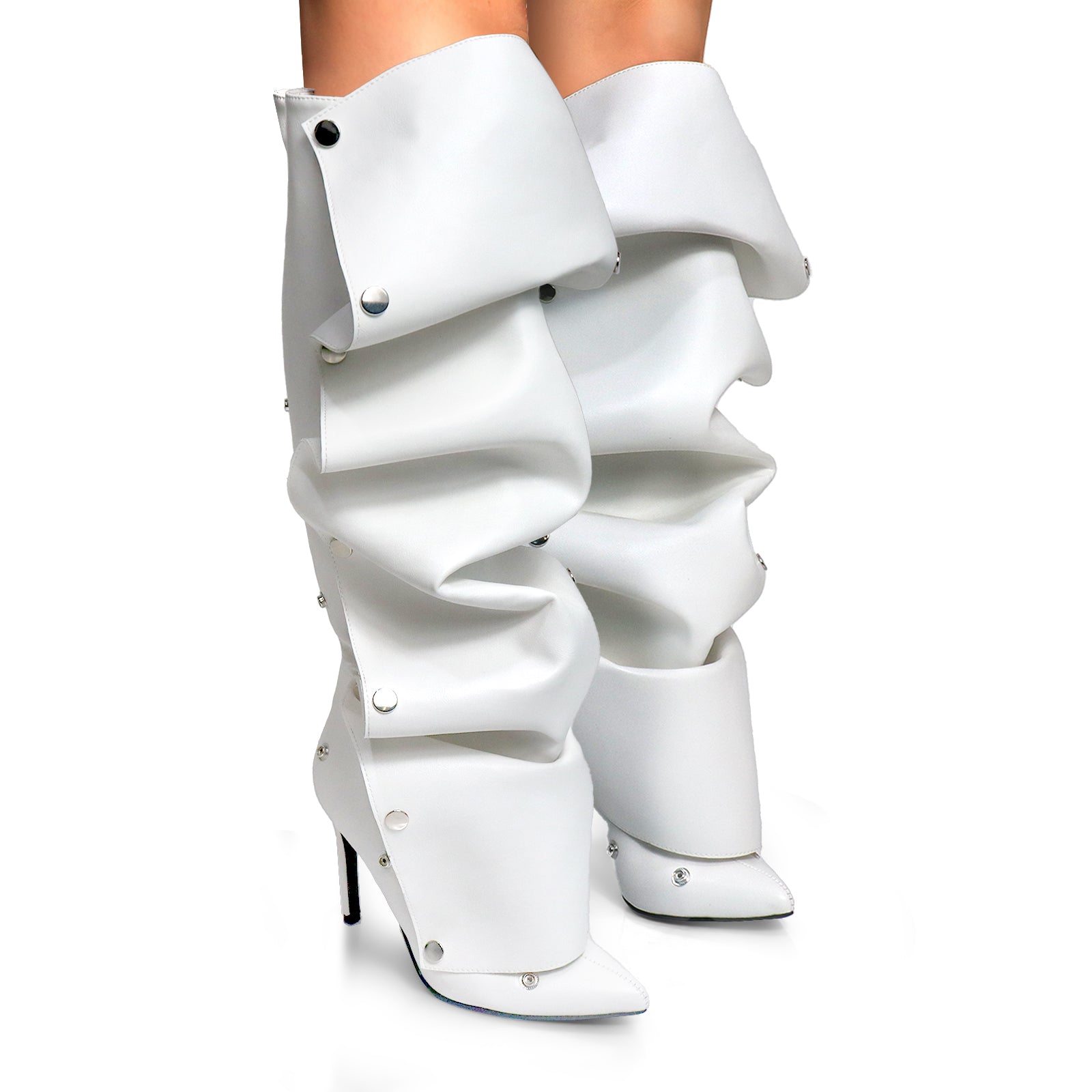 MAGE-1 POINTED TOE PRESS STUD KNEE-HIGH BOOTS W/ STILETTO HEEL WHITE