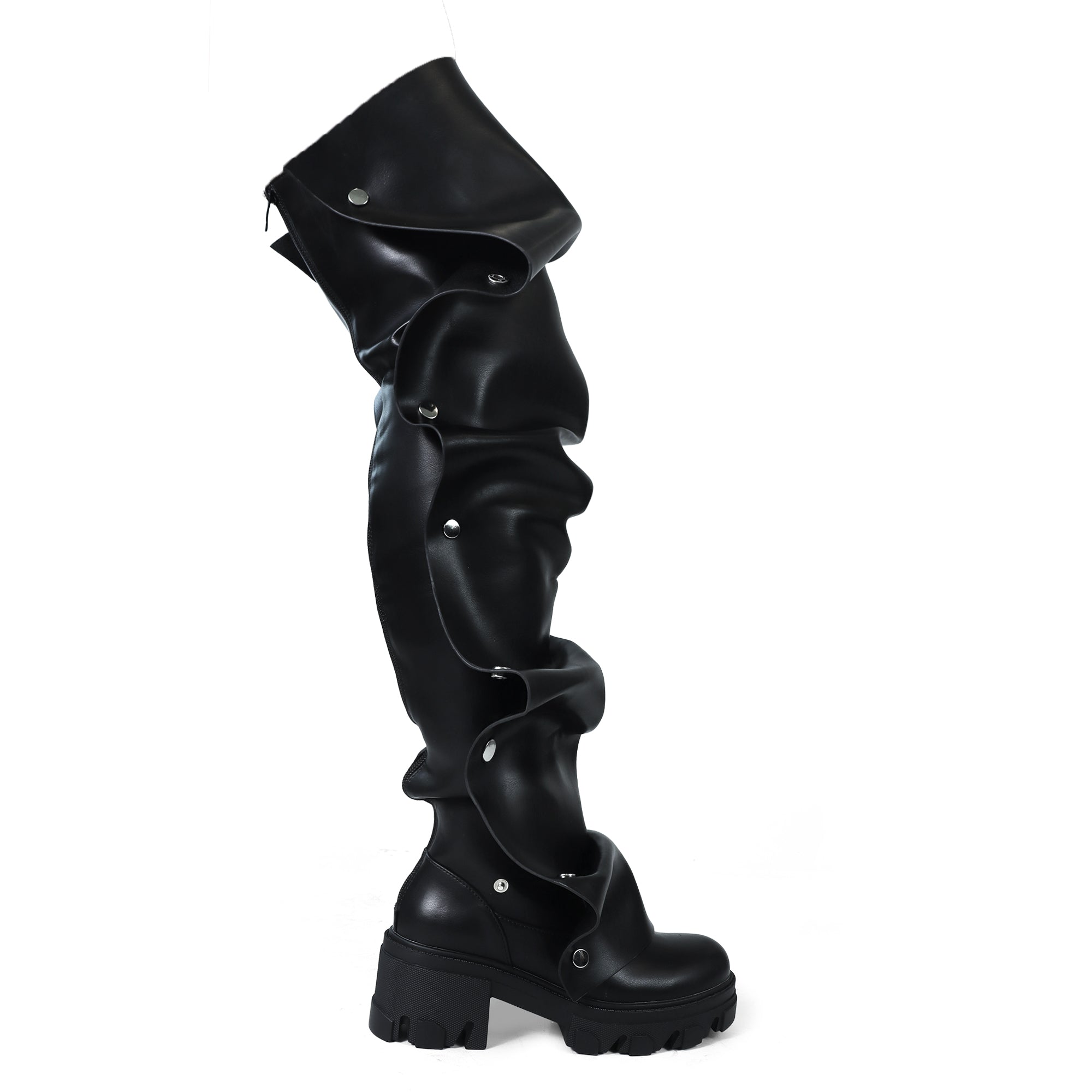 MAGEO-3 PRESS STUD OVER KNEE-HIGH BOOTS W/ LUG SOLE BLACK