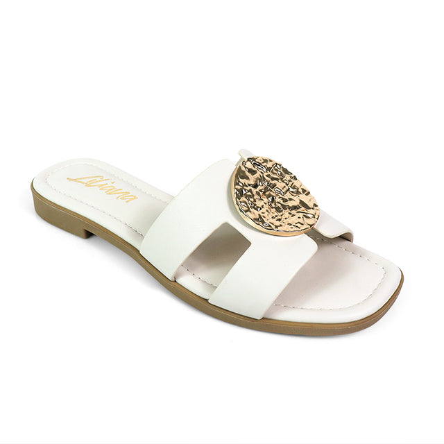 MALENA-1 FLAT SANDAL W/ ROUND GOLD PLATE IVORY