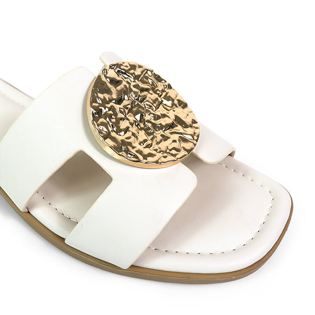 MALENA-1 FLAT SANDAL W/ ROUND GOLD PLATE IVORY