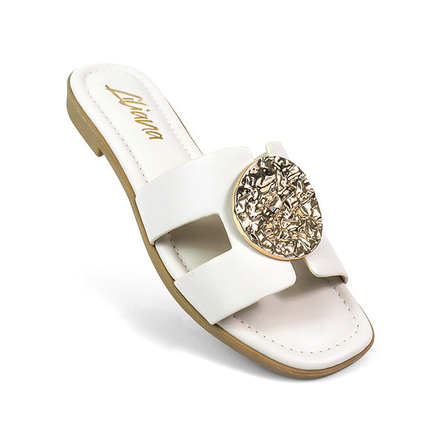 MALENA-1 FLAT SANDAL W/ ROUND GOLD PLATE IVORY