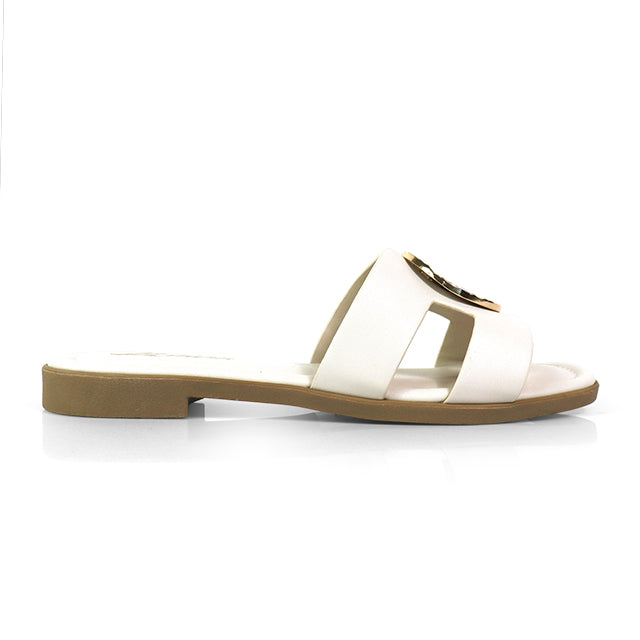 MALENA-1 FLAT SANDAL W/ ROUND GOLD PLATE IVORY