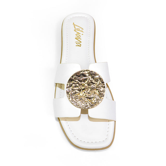 MALENA-1 FLAT SANDAL W/ ROUND GOLD PLATE IVORY