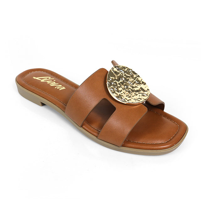 MALENA-1 FLAT SANDAL W/ ROUND GOLD PLATE TAN