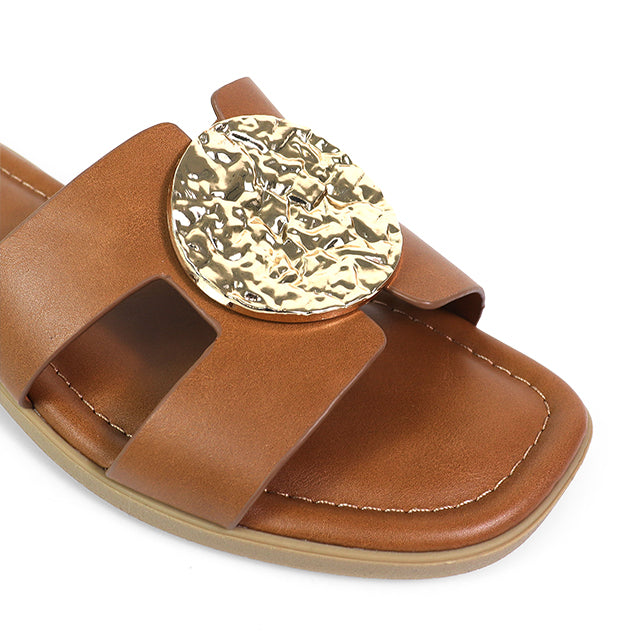 MALENA-1 FLAT SANDAL W/ ROUND GOLD PLATE TAN