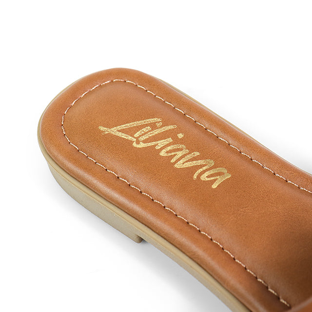 MALENA-1 FLAT SANDAL W/ ROUND GOLD PLATE TAN