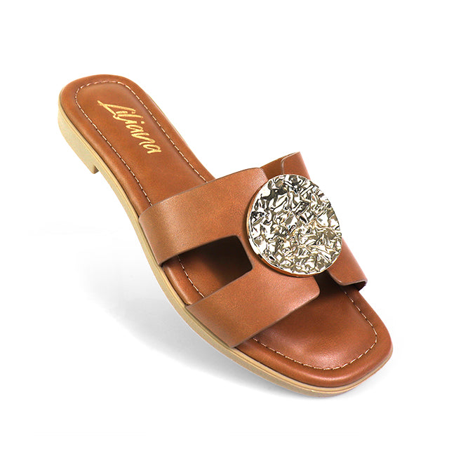 MALENA-1 FLAT SANDAL W/ ROUND GOLD PLATE TAN