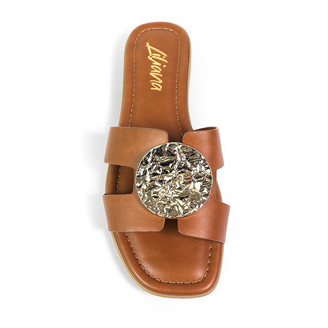 MALENA-1 FLAT SANDAL W/ ROUND GOLD PLATE TAN