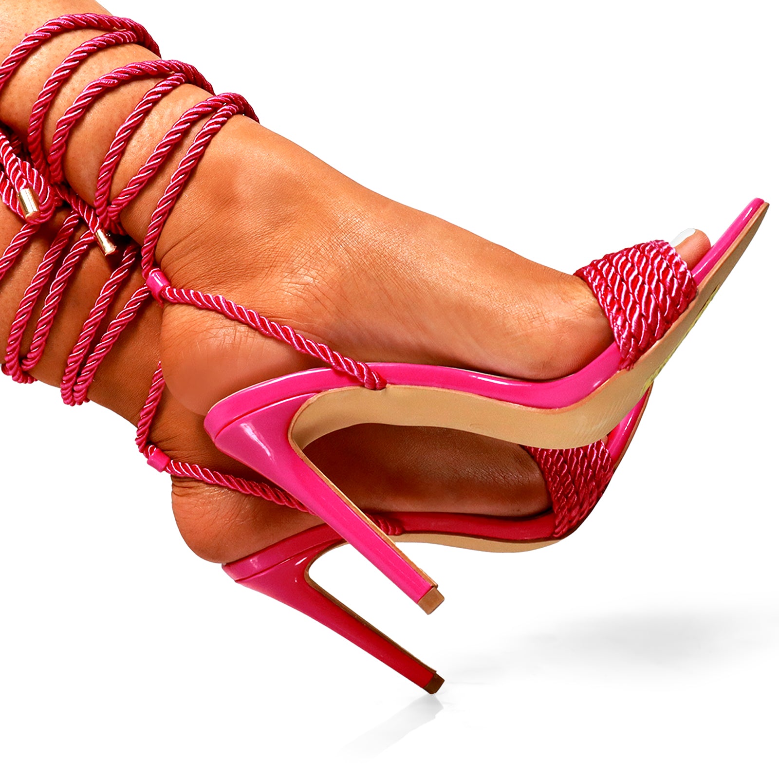 MANSON-15 TIE-UP ROPE SANDAL W/HEEL FUCHSIA