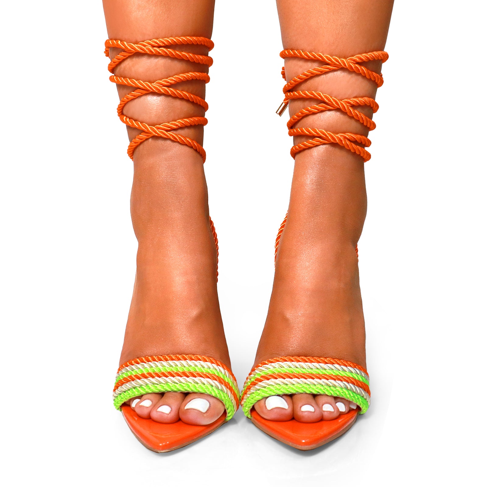 MANSON-15 TIE-UP ROPE SANDAL W/HEEL ORANGE MULTIPLE