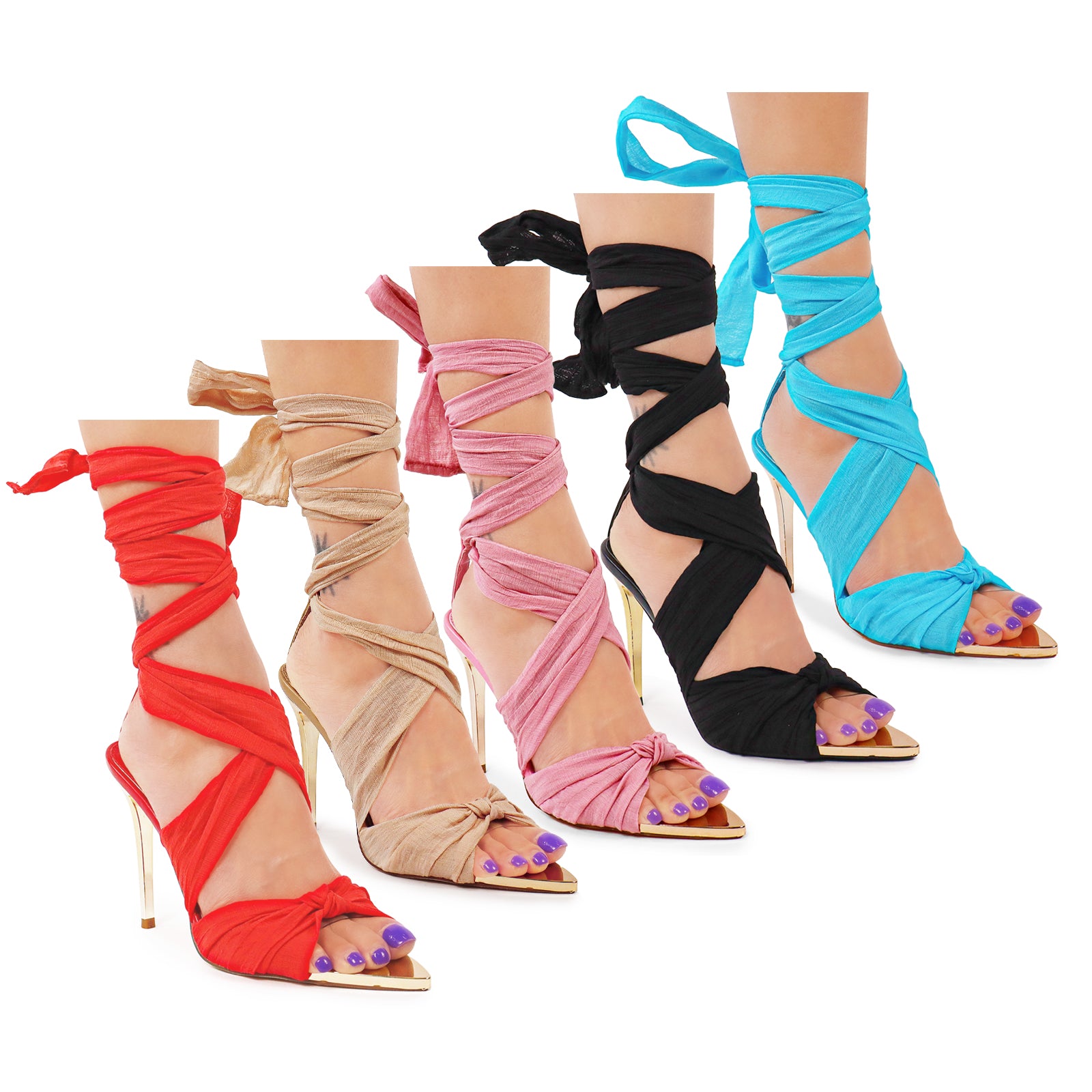 MANSON-5 PEEP TOE RIBBON TIE UP W/ GOLD STILETTO HEEL-PINK