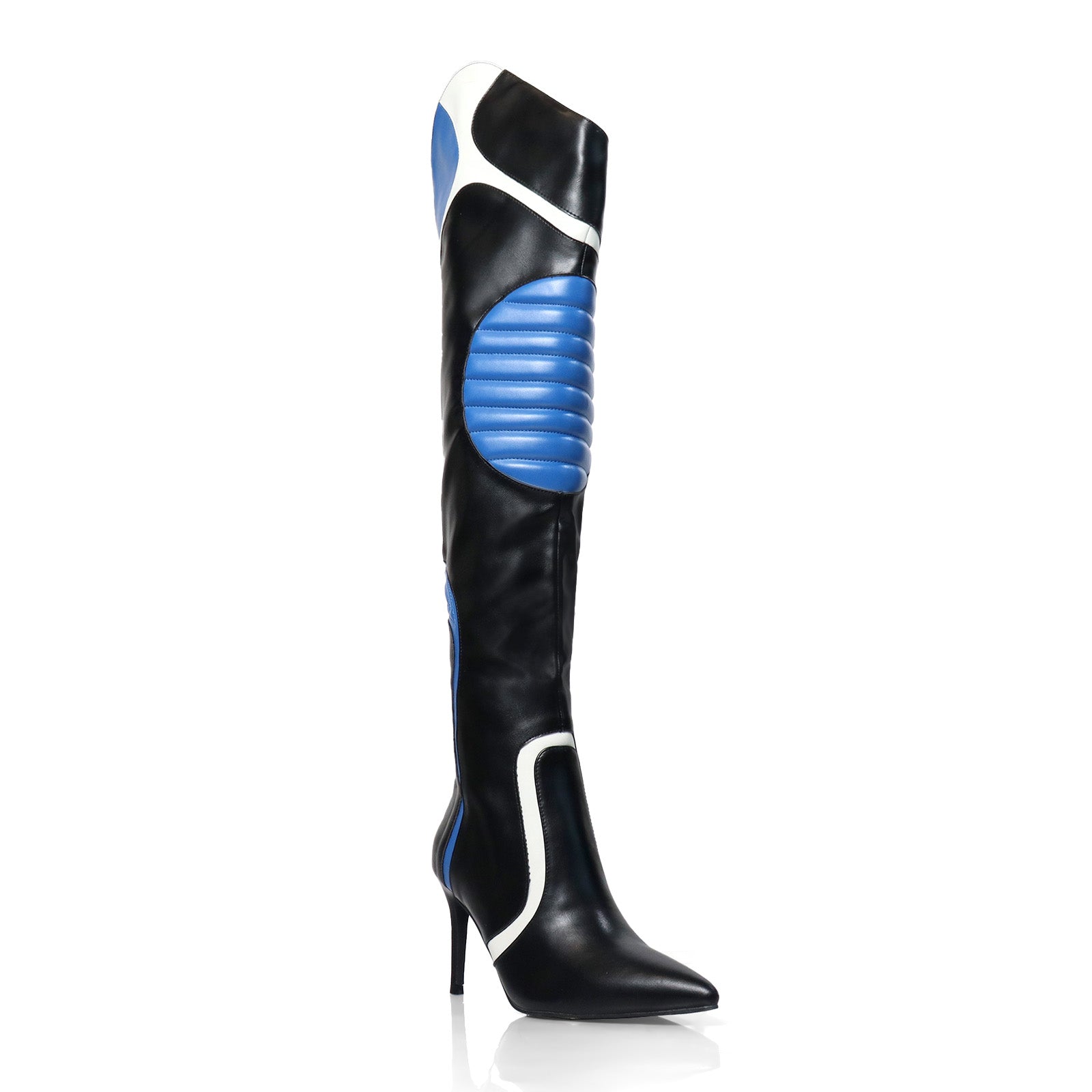 MANTRA-1 POINTED TOE MOTORSPORT OVER KNEE HIGH BOOTS W/STIL HEEL BLACK/BLUE