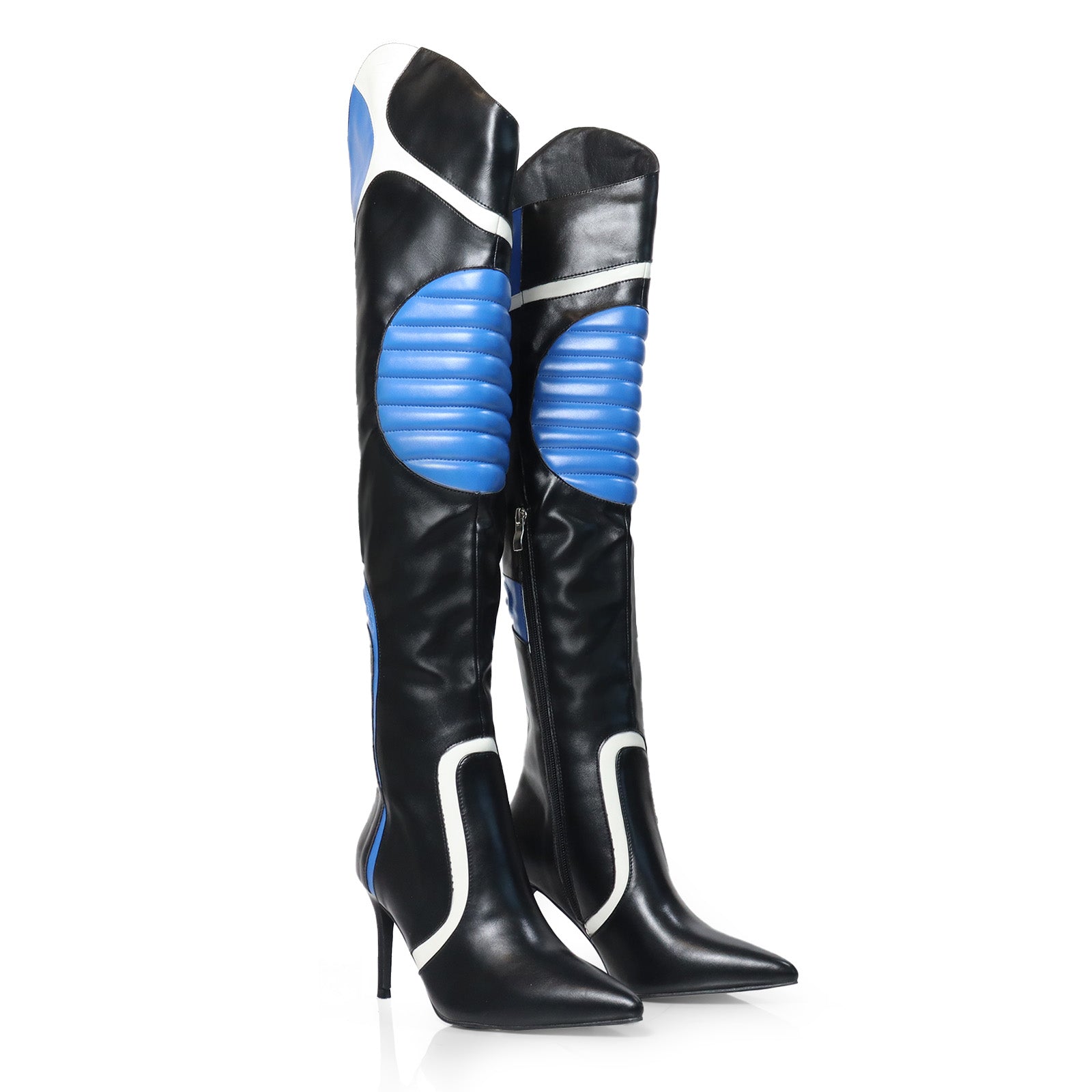 MANTRA-1 POINTED TOE MOTORSPORT OVER KNEE HIGH BOOTS W/STIL HEEL BLACK/BLUE