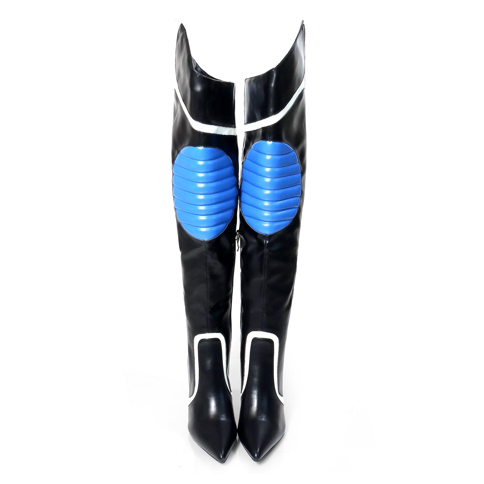 MANTRA-1 POINTED TOE MOTORSPORT OVER KNEE HIGH BOOTS W/STIL HEEL BLACK/BLUE