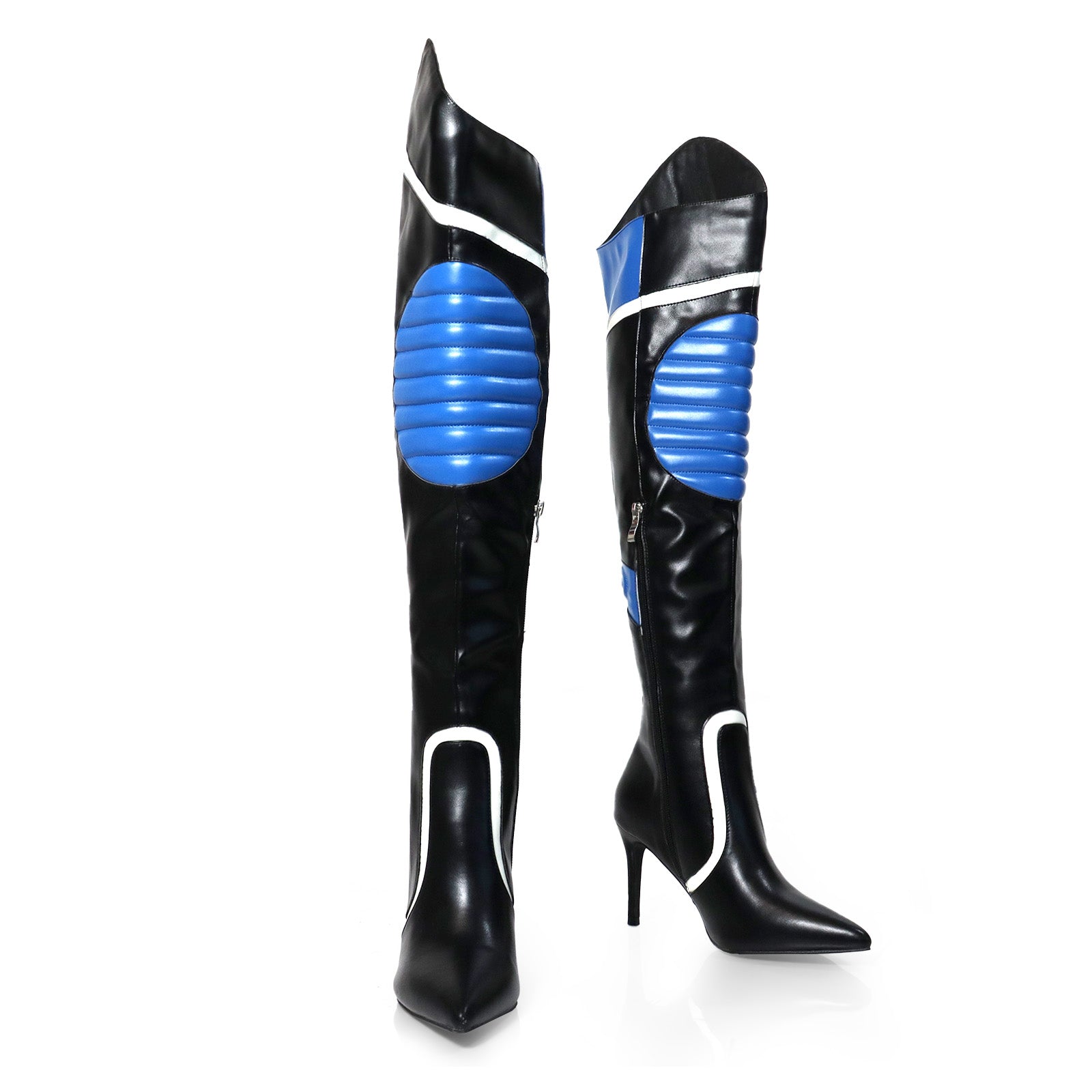 MANTRA-1 POINTED TOE MOTORSPORT OVER KNEE HIGH BOOTS W/STIL HEEL BLACK/BLUE