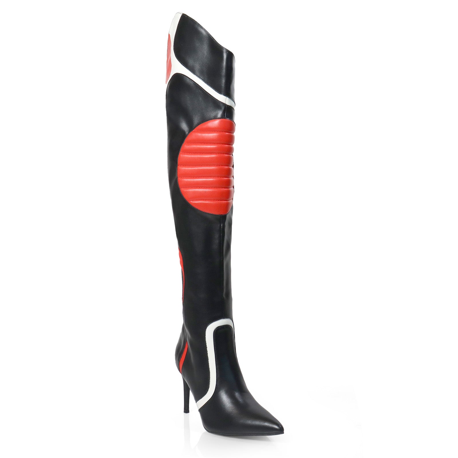 MANTRA-1 POINTED TOE MOTORSPORT OVER KNEE HIGH BOOTS W/STIL HEEL BLACK/RED