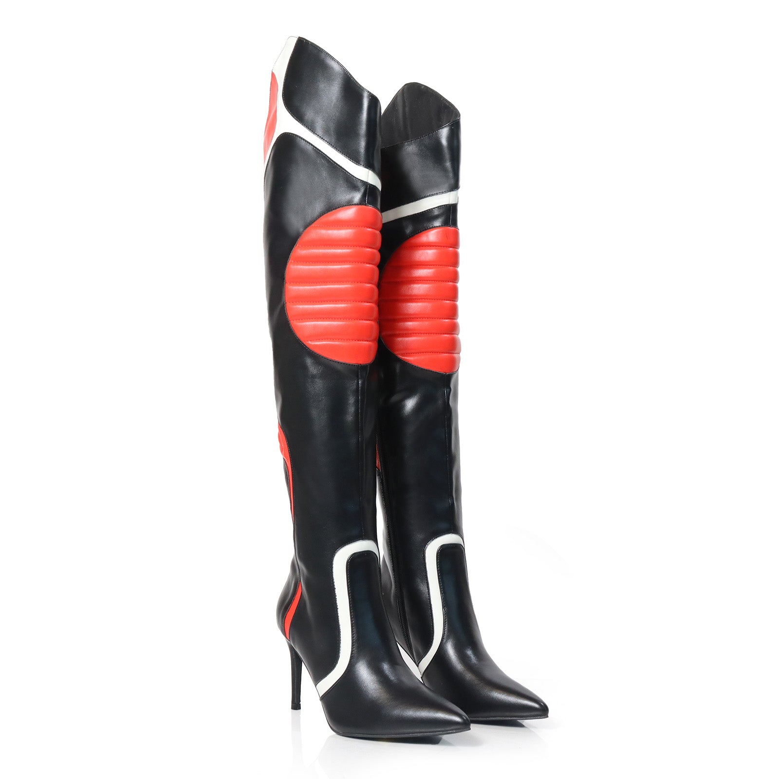 MANTRA-1 POINTED TOE MOTORSPORT OVER KNEE HIGH BOOTS W/STIL HEEL BLACK/RED