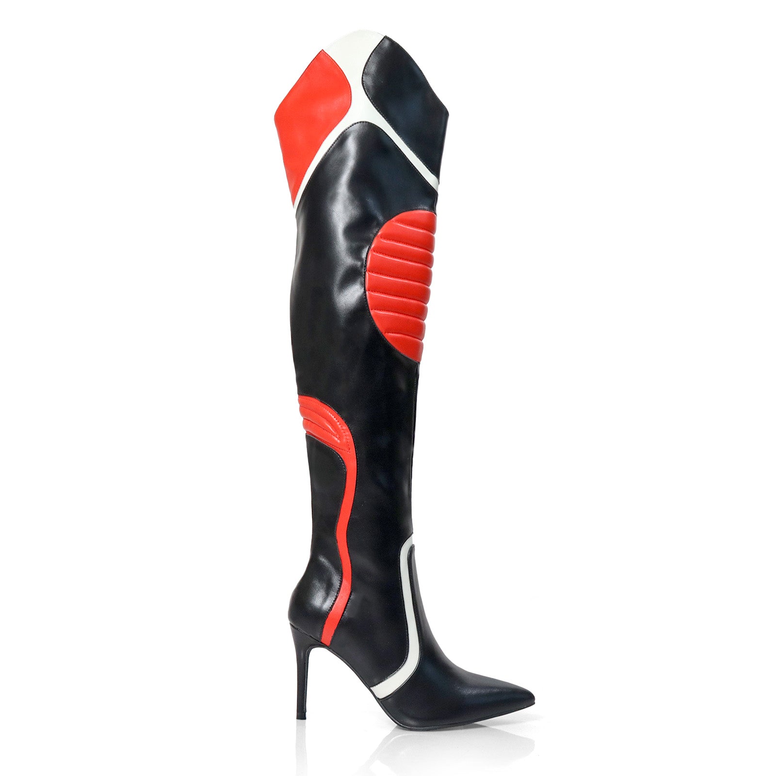 MANTRA-1 POINTED TOE MOTORSPORT OVER KNEE HIGH BOOTS W/STIL HEEL BLACK/RED