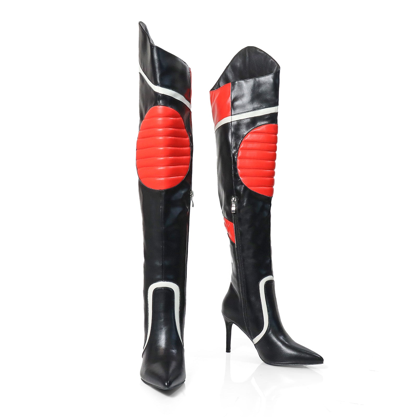MANTRA-1 POINTED TOE MOTORSPORT OVER KNEE HIGH BOOTS W/STIL HEEL BLACK/RED