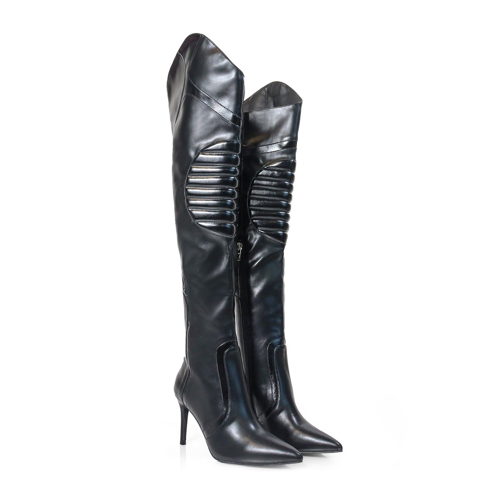 MANTRA-1 POINTED TOE MOTORSPORT OVER KNEE HIGH BOOTS W/STIL HEEL BLACK