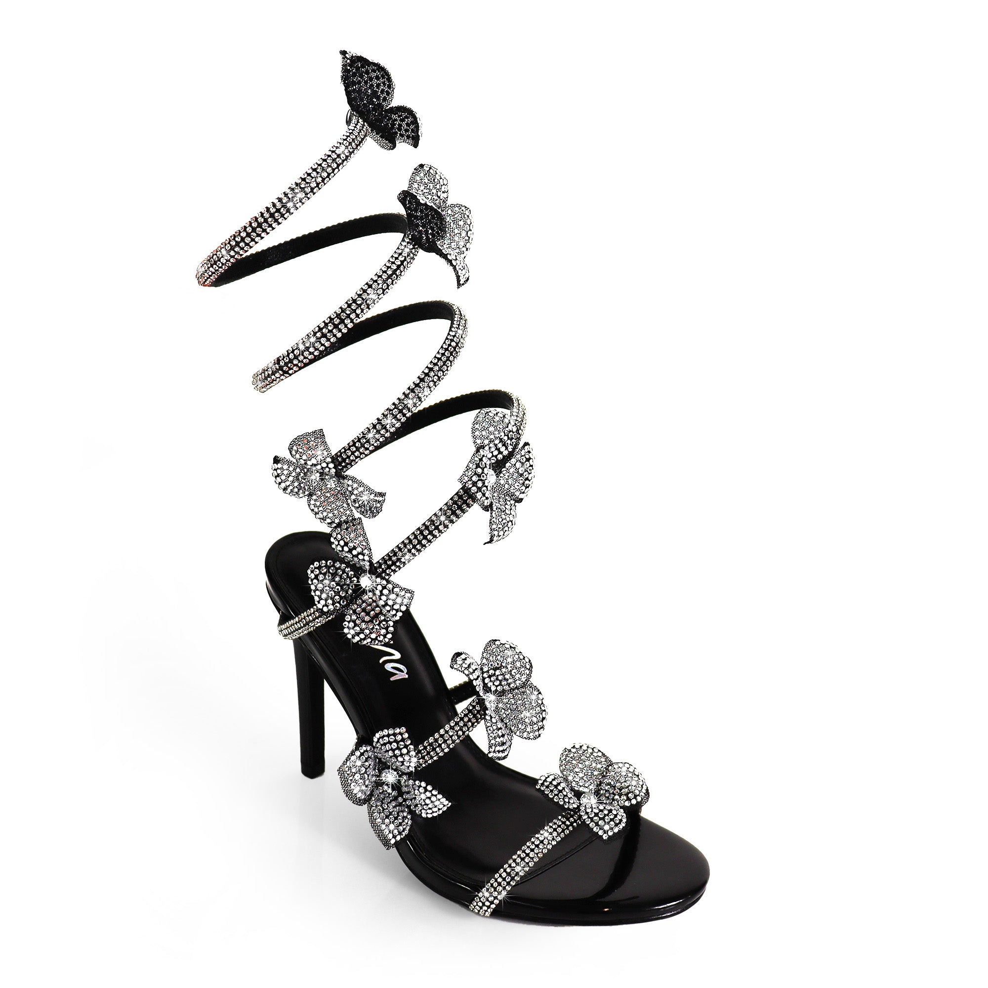 MARIANA-1  TUBULAR SPIRAL RHINESTONE FLOWERS STRAPON POINTED HEEL BLACK