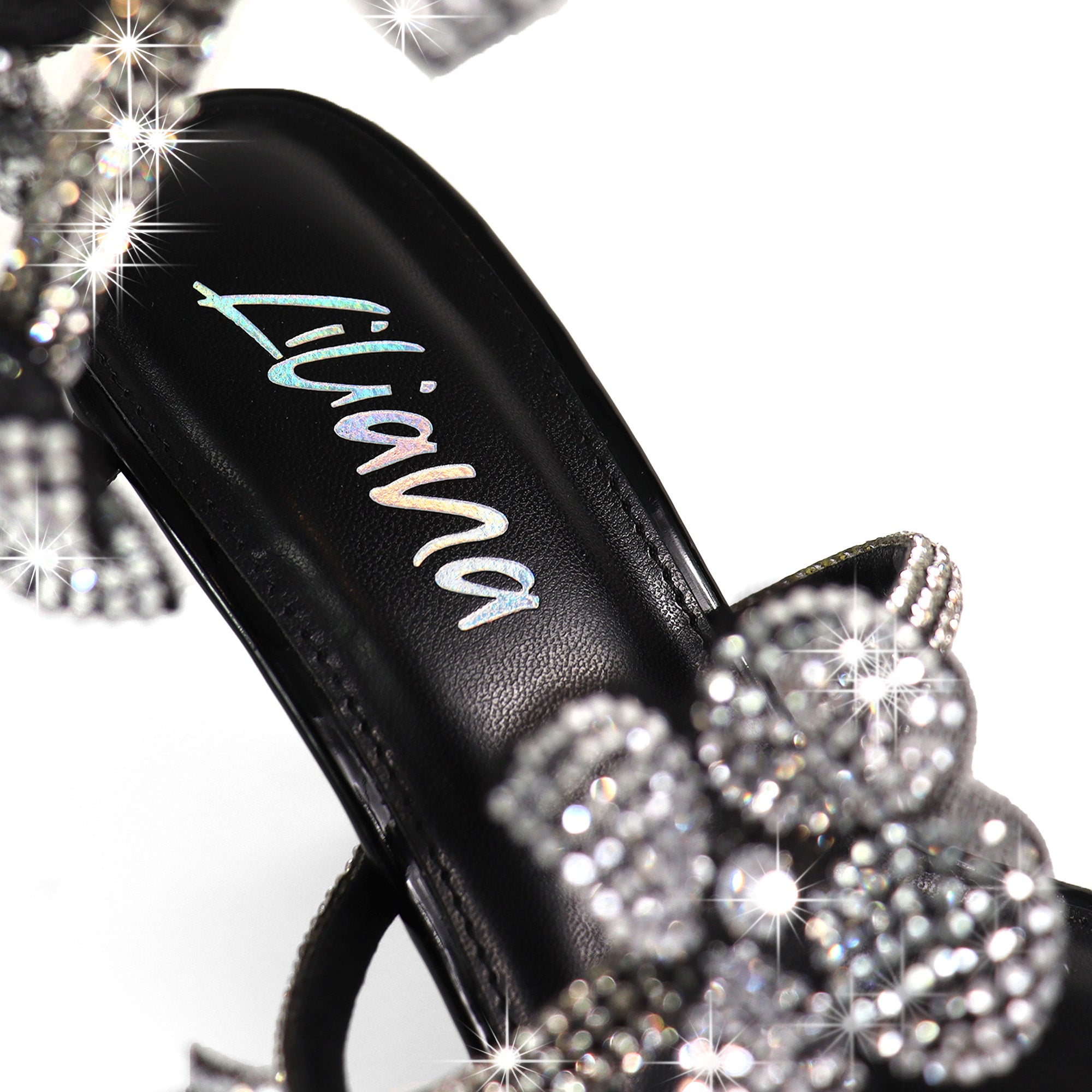MARIANA-1  TUBULAR SPIRAL RHINESTONE FLOWERS STRAPON POINTED HEEL BLACK