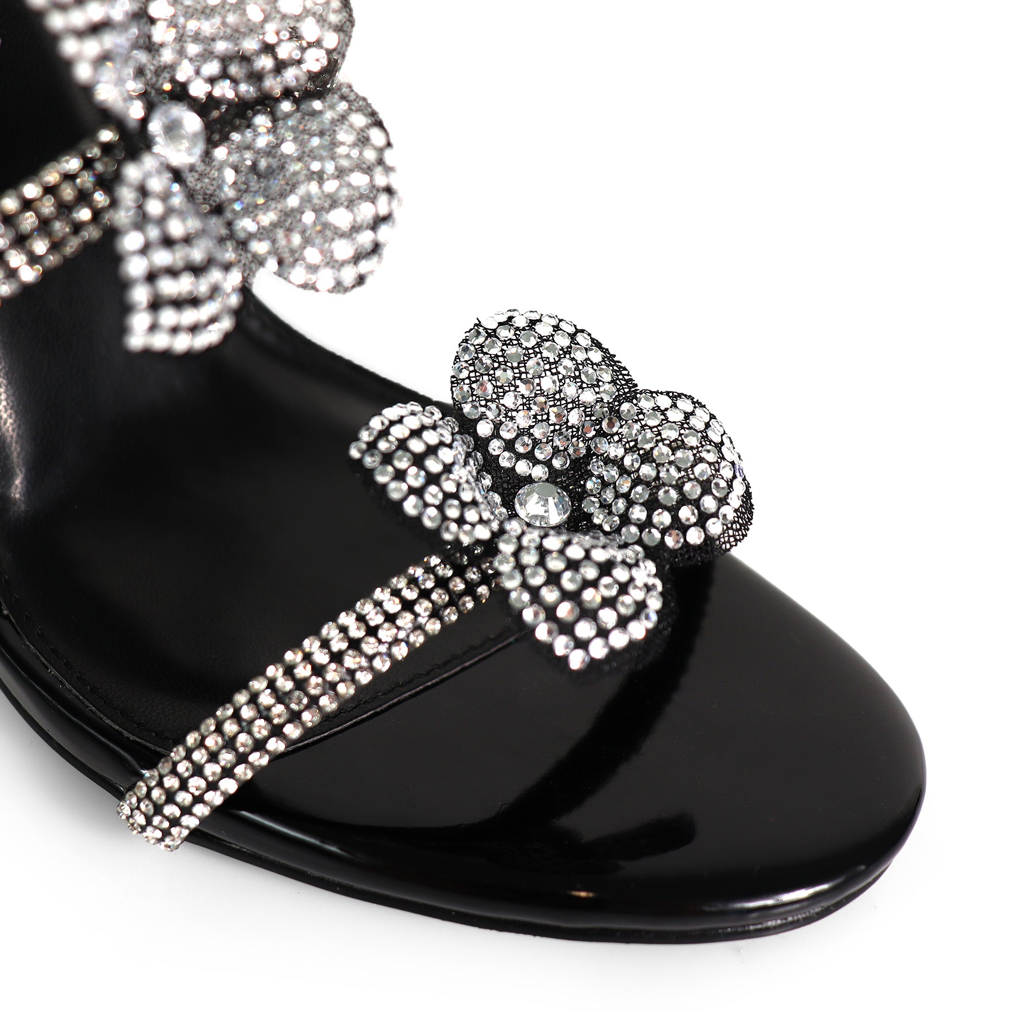 MARIANA-1  TUBULAR SPIRAL RHINESTONE FLOWERS STRAPON POINTED HEEL BLACK