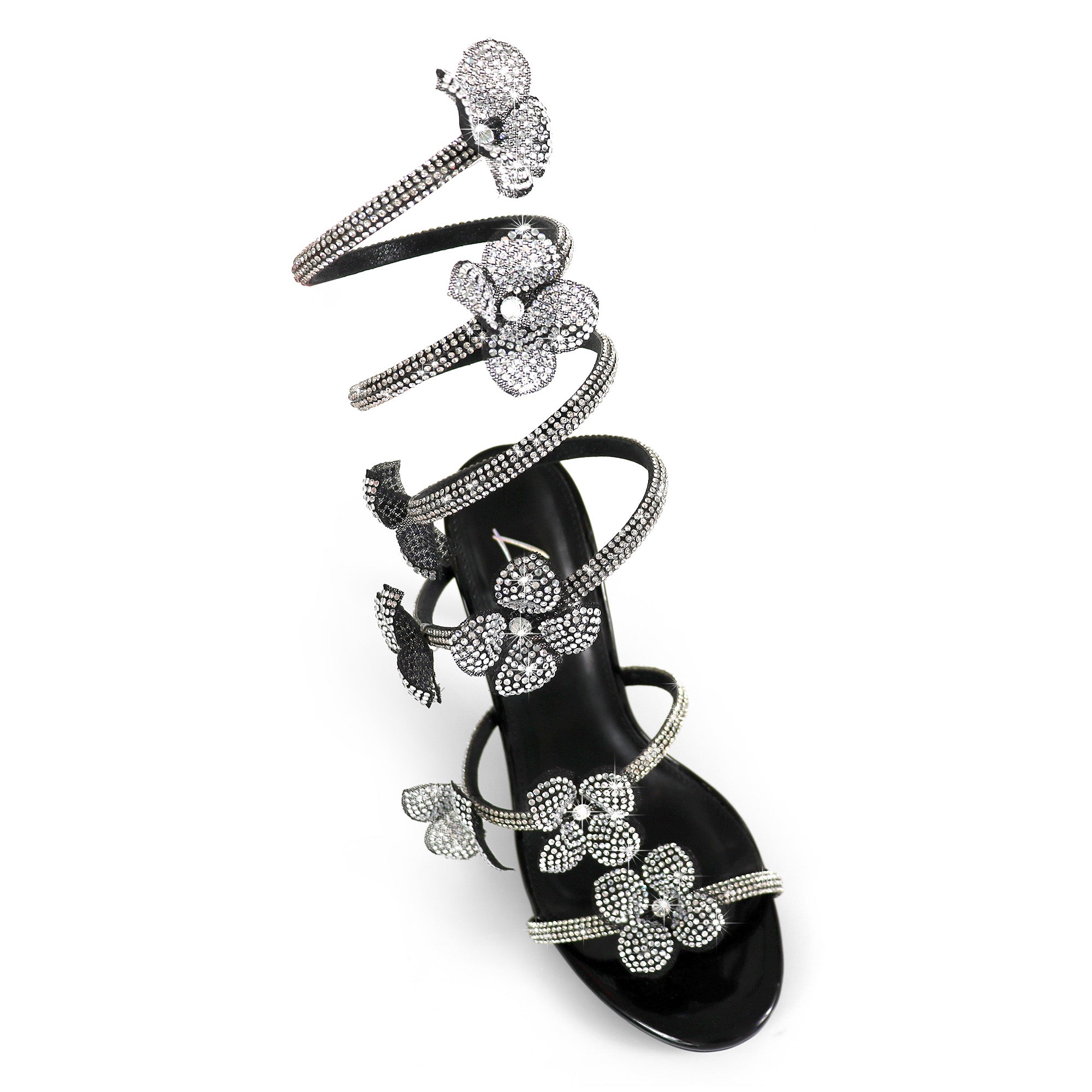 MARIANA-1  TUBULAR SPIRAL RHINESTONE FLOWERS STRAPON POINTED HEEL BLACK