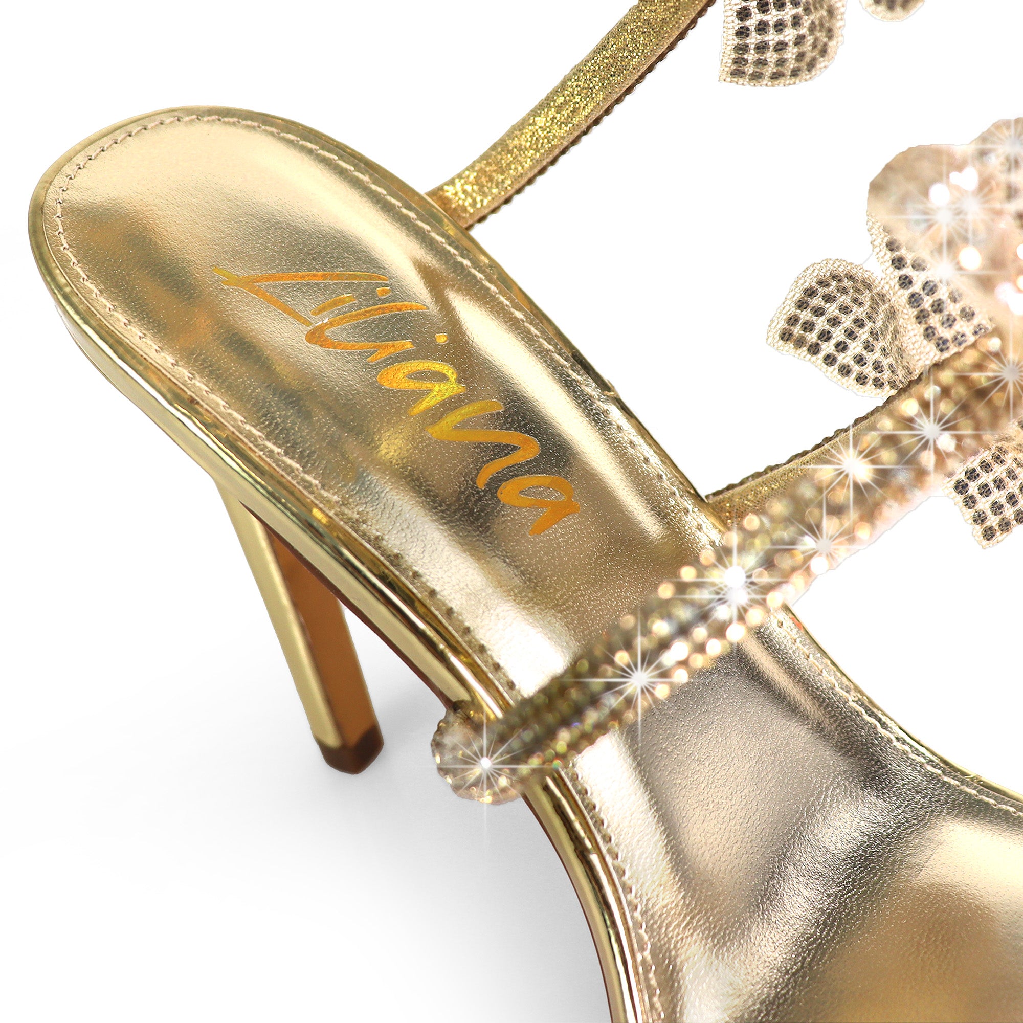 MARIANA-1  TUBULAR SPIRAL RHINESTONE FLOWERS STRAPON POINTED HEEL GOLD