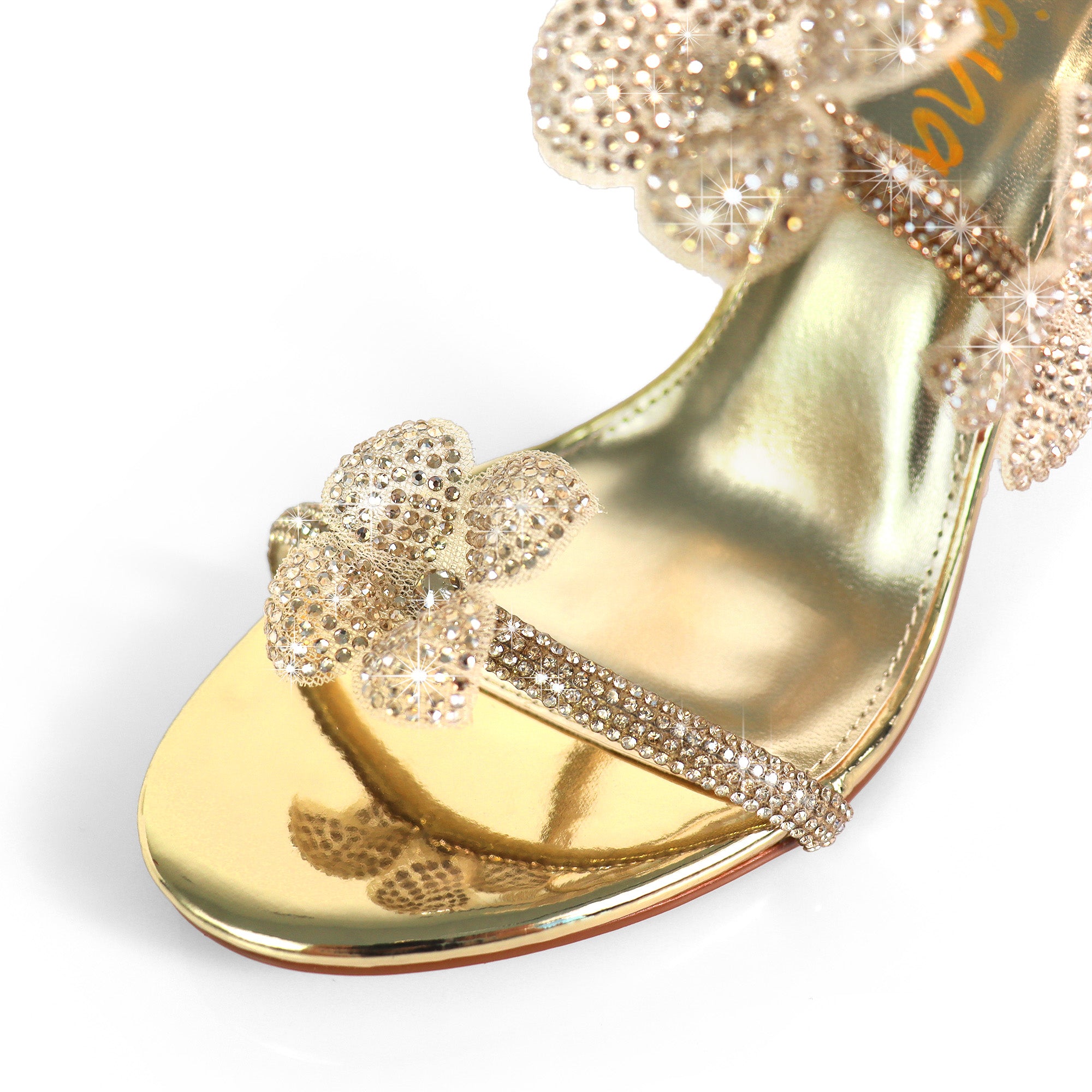 MARIANA-1  TUBULAR SPIRAL RHINESTONE FLOWERS STRAPON POINTED HEEL GOLD