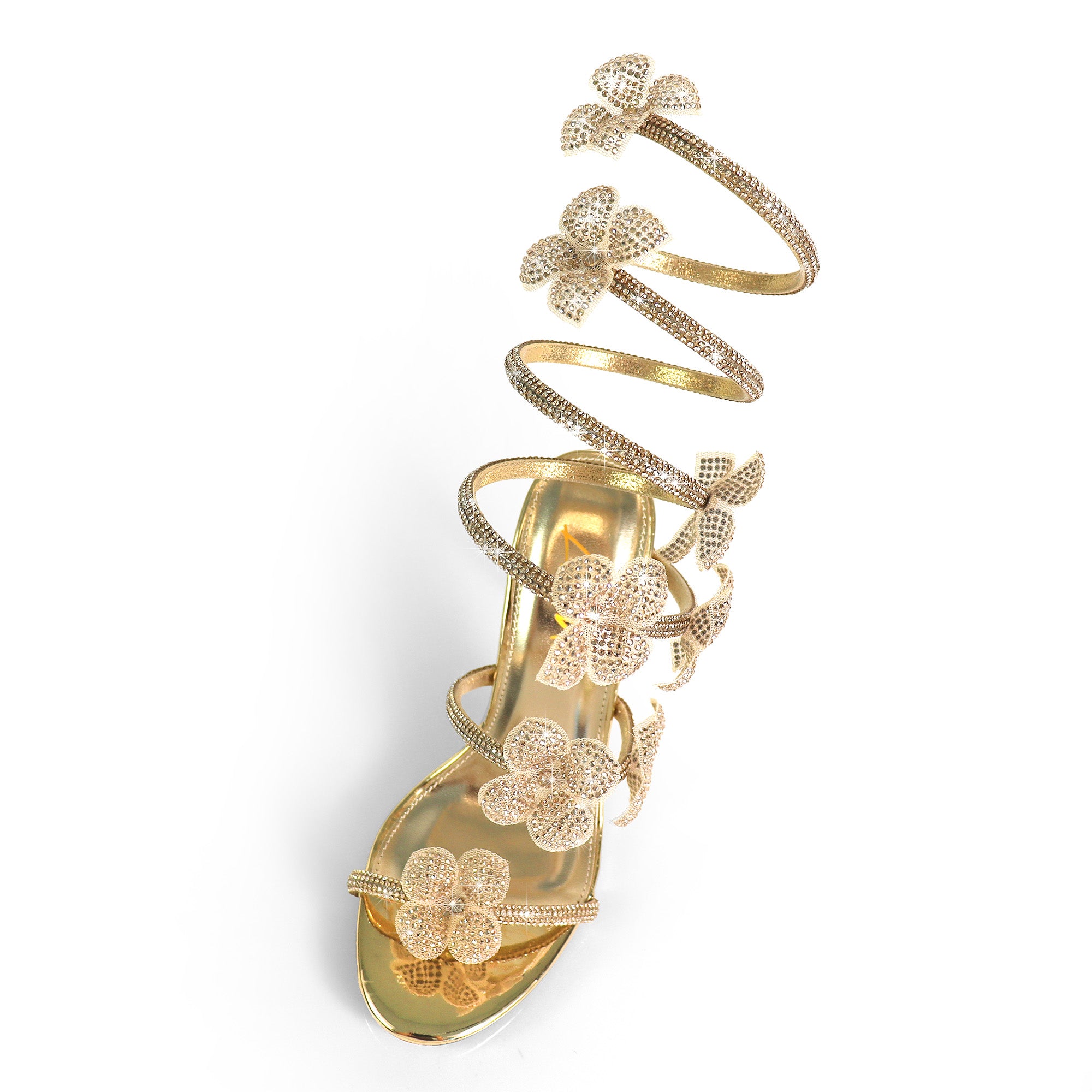 MARIANA-1  TUBULAR SPIRAL RHINESTONE FLOWERS STRAPON POINTED HEEL GOLD