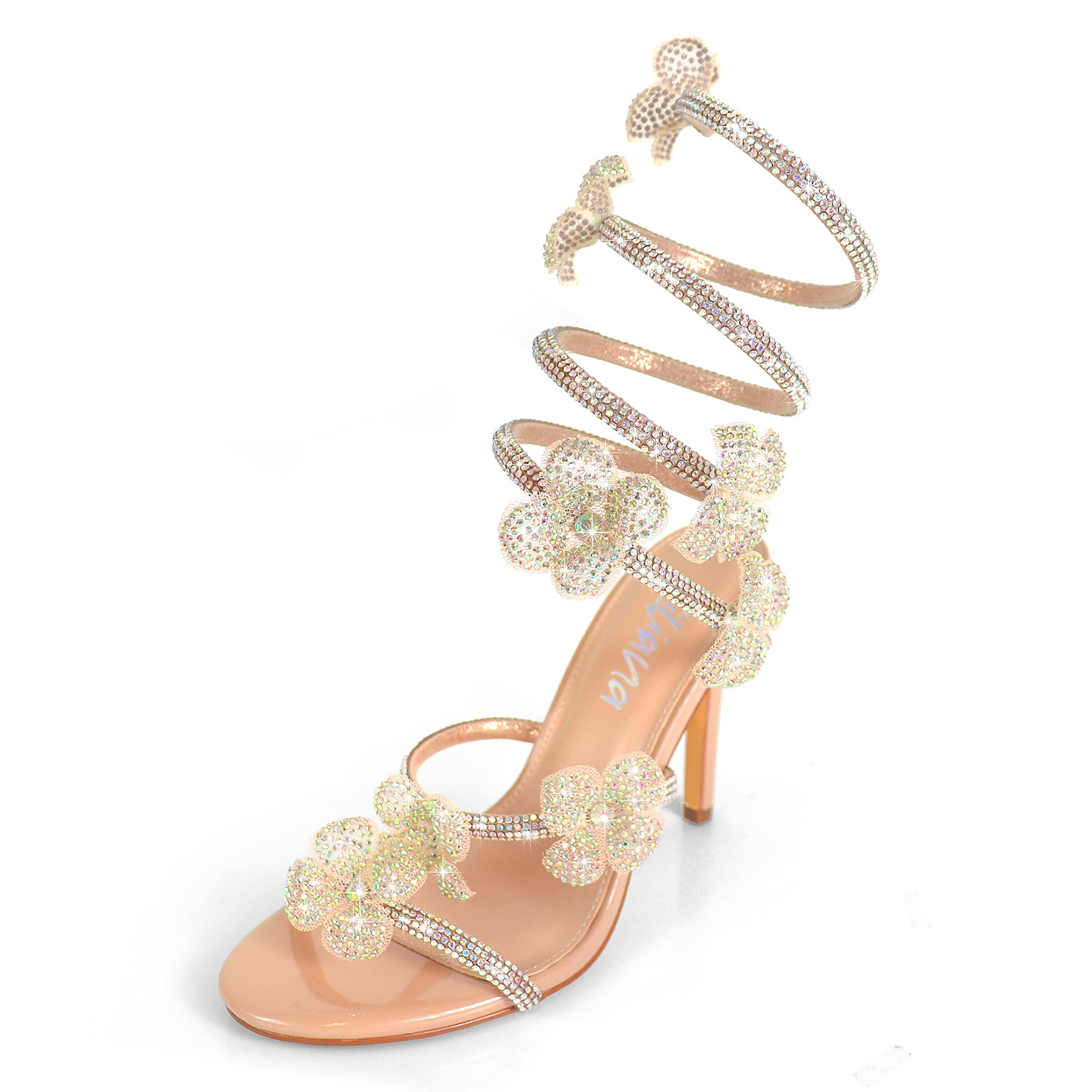 MARIANA-1  TUBULAR SPIRAL RHINESTONE FLOWERS STRAPON POINTED HEEL NUDE