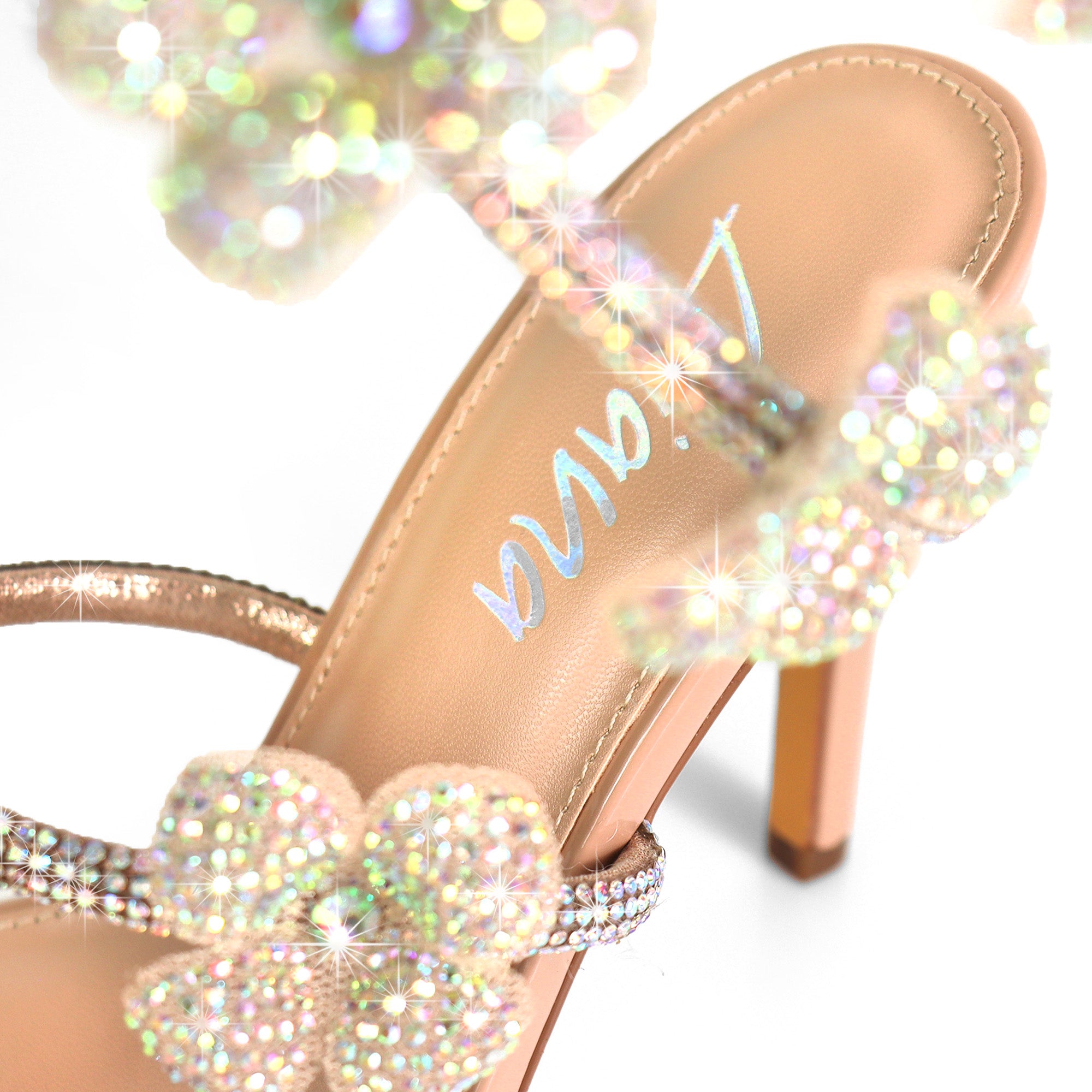 MARIANA-1  TUBULAR SPIRAL RHINESTONE FLOWERS STRAPON POINTED HEEL NUDE