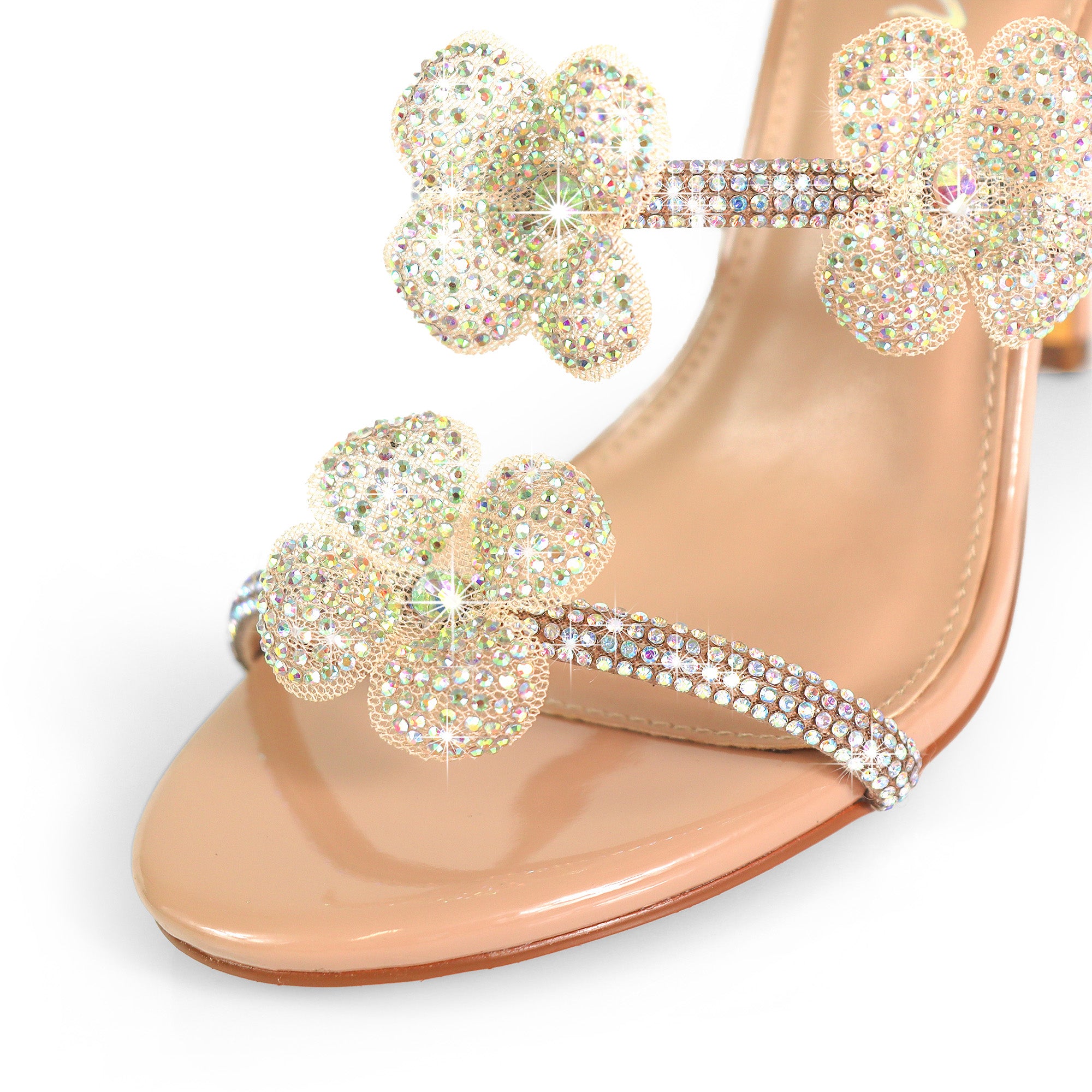 MARIANA-1  TUBULAR SPIRAL RHINESTONE FLOWERS STRAPON POINTED HEEL NUDE
