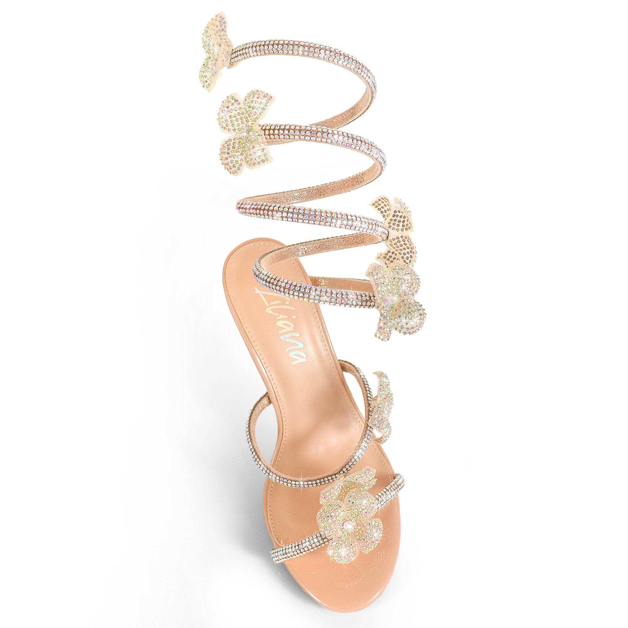 MARIANA-1  TUBULAR SPIRAL RHINESTONE FLOWERS STRAPON POINTED HEEL NUDE
