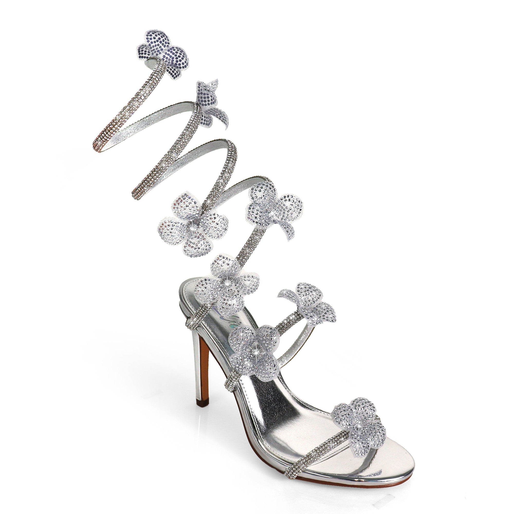 MARIANA-1  TUBULAR SPIRAL RHINESTONE FLOWERS STRAPON POINTED HEEL SILVER