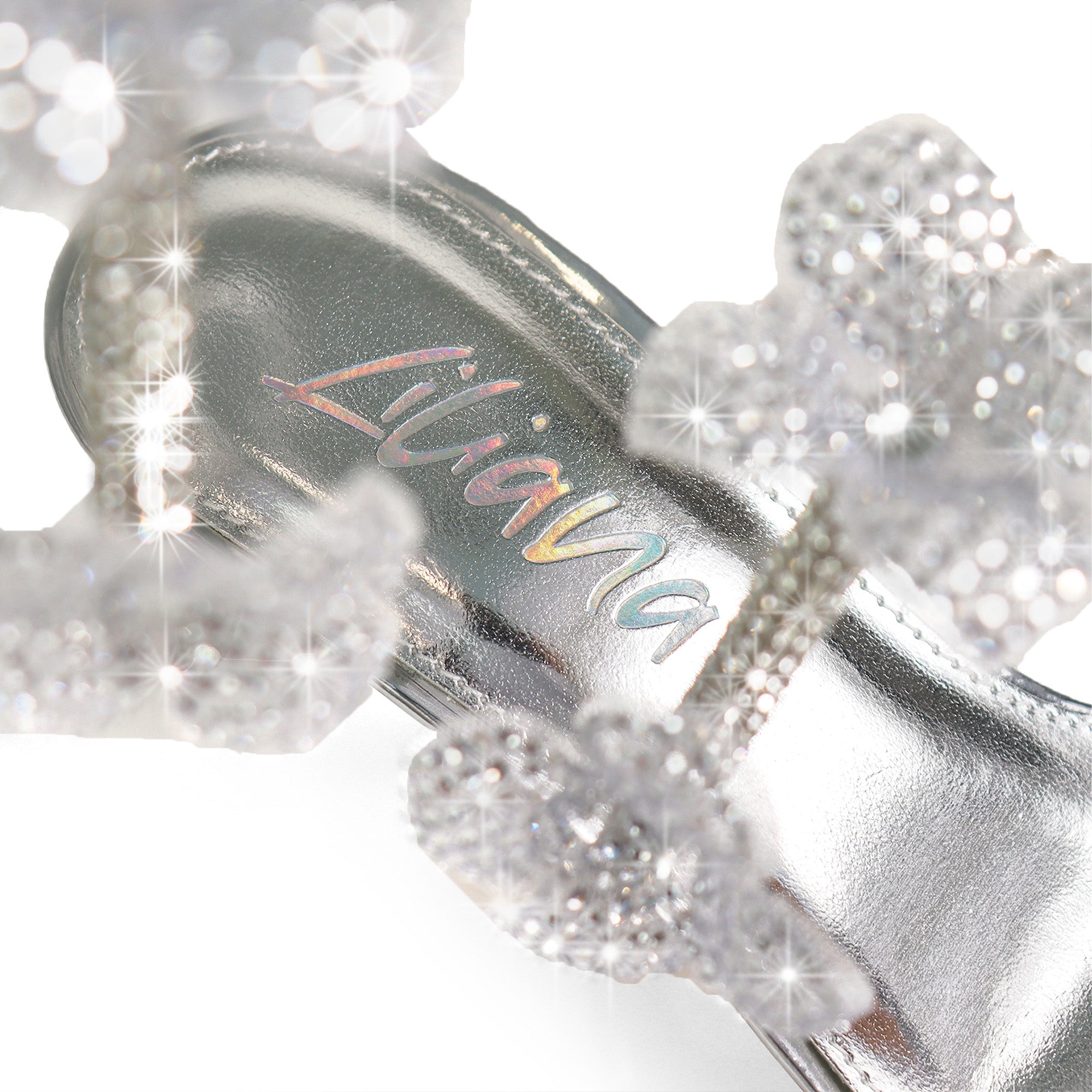 MARIANA-1  TUBULAR SPIRAL RHINESTONE FLOWERS STRAPON POINTED HEEL SILVER