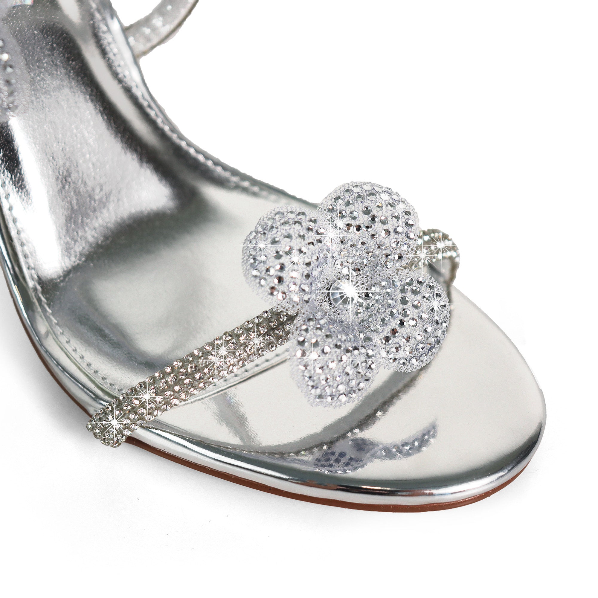MARIANA-1  TUBULAR SPIRAL RHINESTONE FLOWERS STRAPON POINTED HEEL SILVER