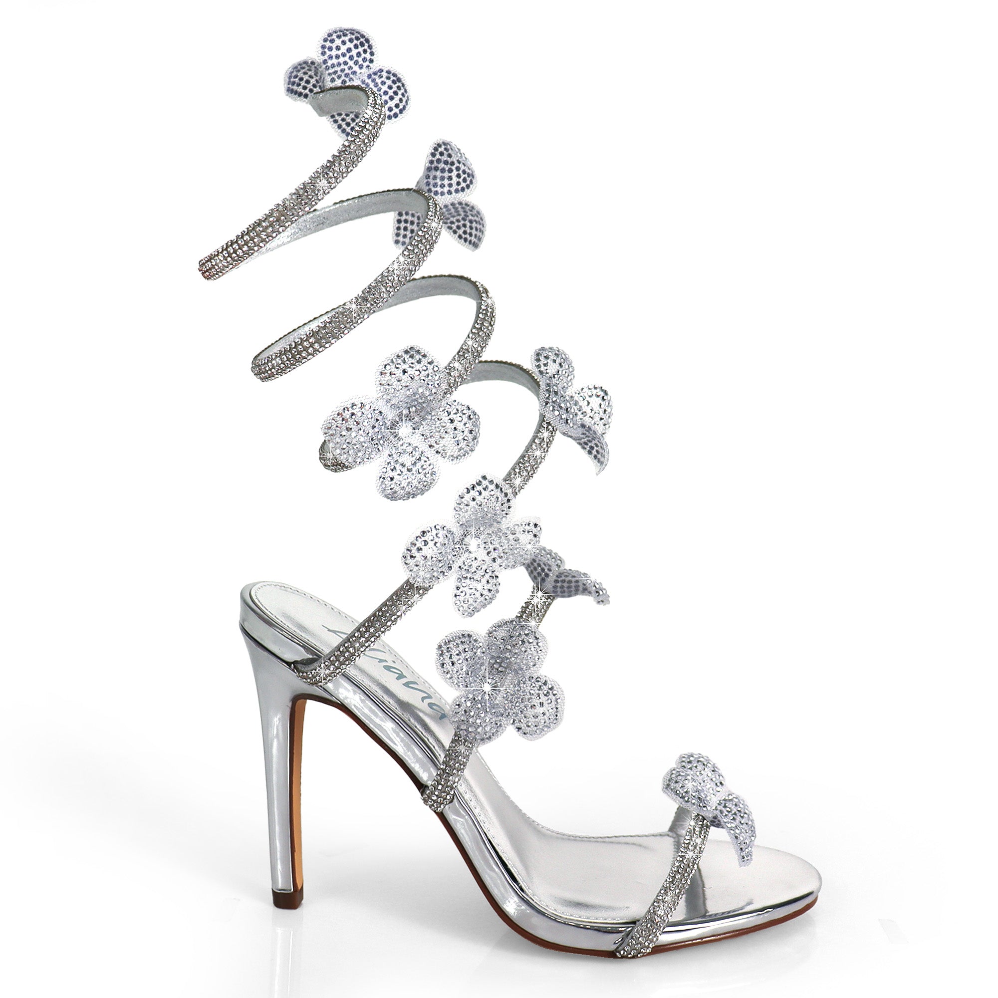 MARIANA-1  TUBULAR SPIRAL RHINESTONE FLOWERS STRAPON POINTED HEEL SILVER