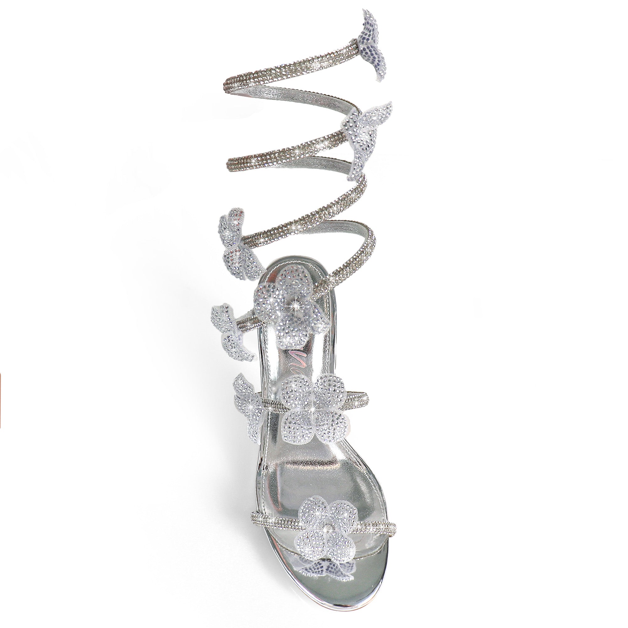 MARIANA-1  TUBULAR SPIRAL RHINESTONE FLOWERS STRAPON POINTED HEEL SILVER