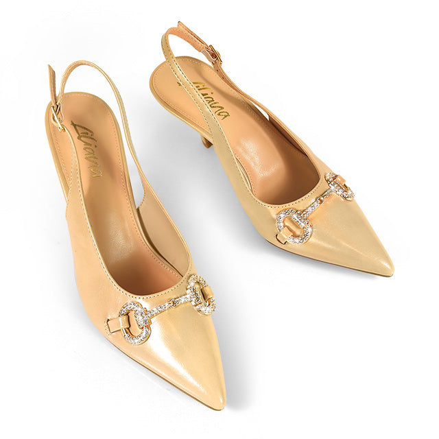 MARIBEL-1 POINTED TOE RHINESTONE HORSEBIT W/SLINGBACK PUMP BEIGE