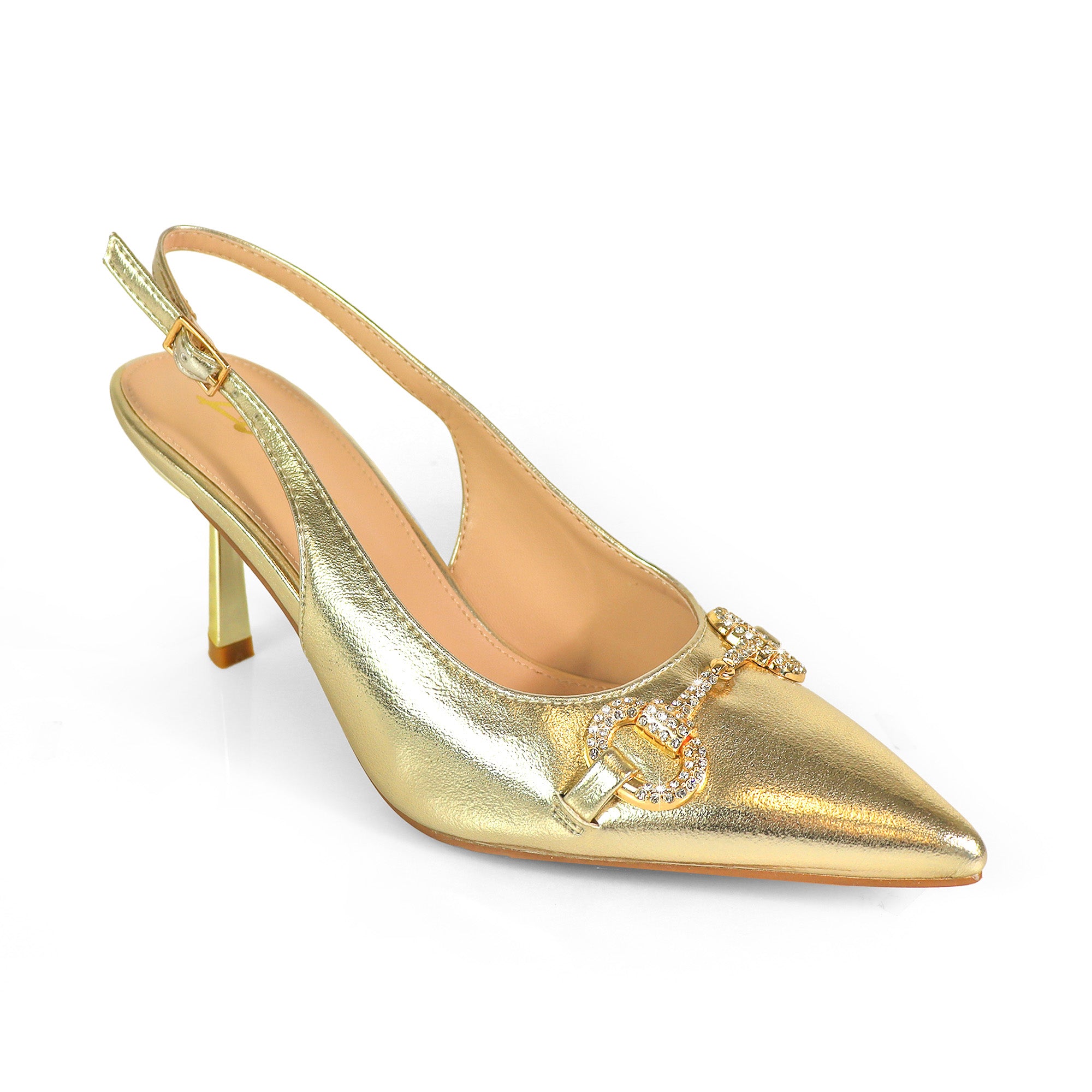 MARIBEL-1 POINTED TOE RHINESTONE HORSEBIT W/SLINGBACK PUMP GOLD