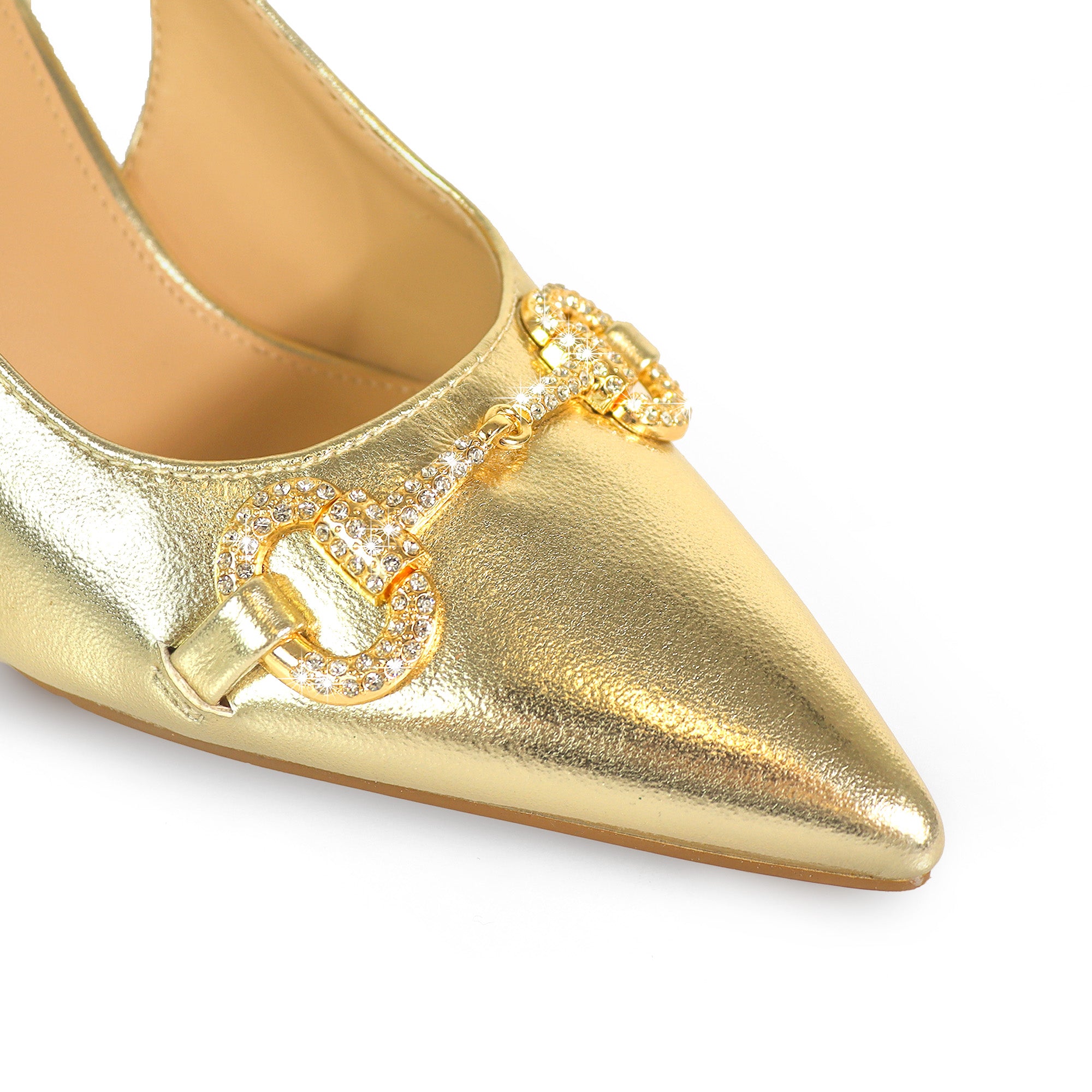 MARIBEL-1 POINTED TOE RHINESTONE HORSEBIT W/SLINGBACK PUMP GOLD