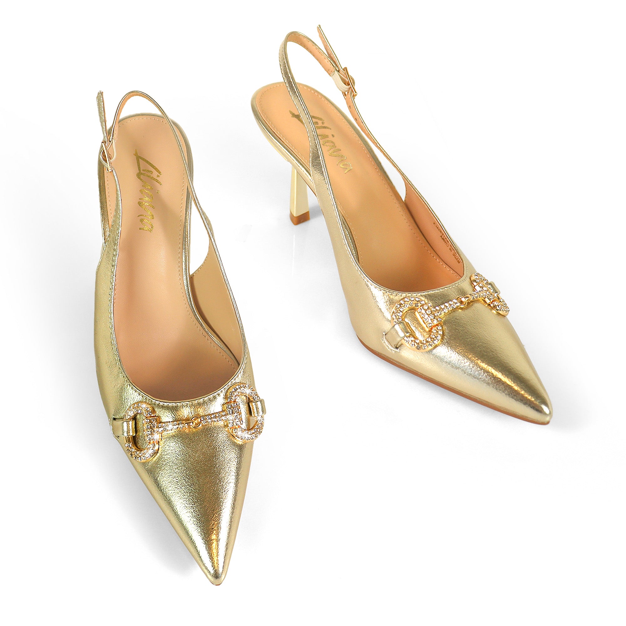 MARIBEL-1 POINTED TOE RHINESTONE HORSEBIT W/SLINGBACK PUMP GOLD
