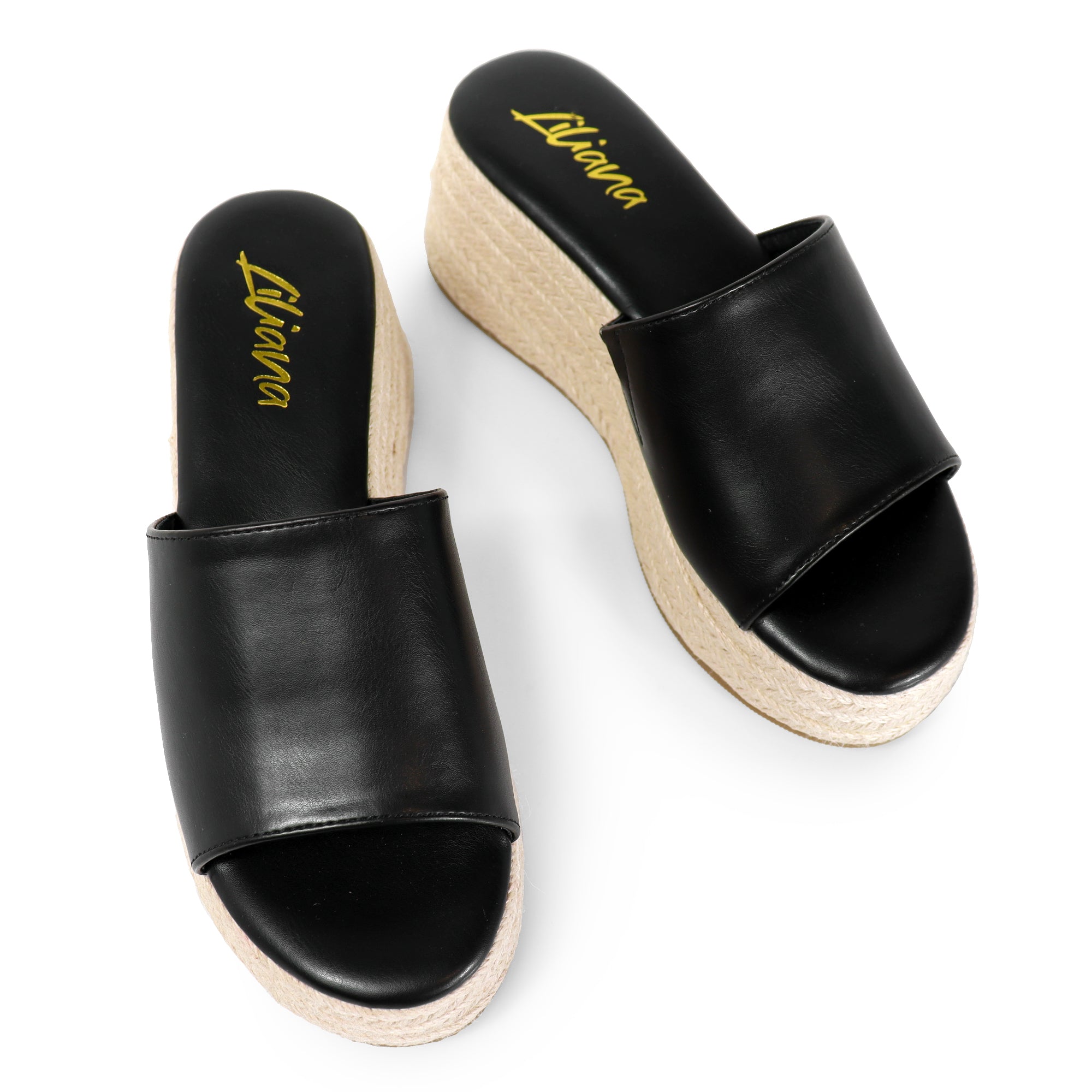 MARINA-3 OPEN ROUND TOE MULE W/ ESPADRILLE PLATFORM WEDGE BLACK