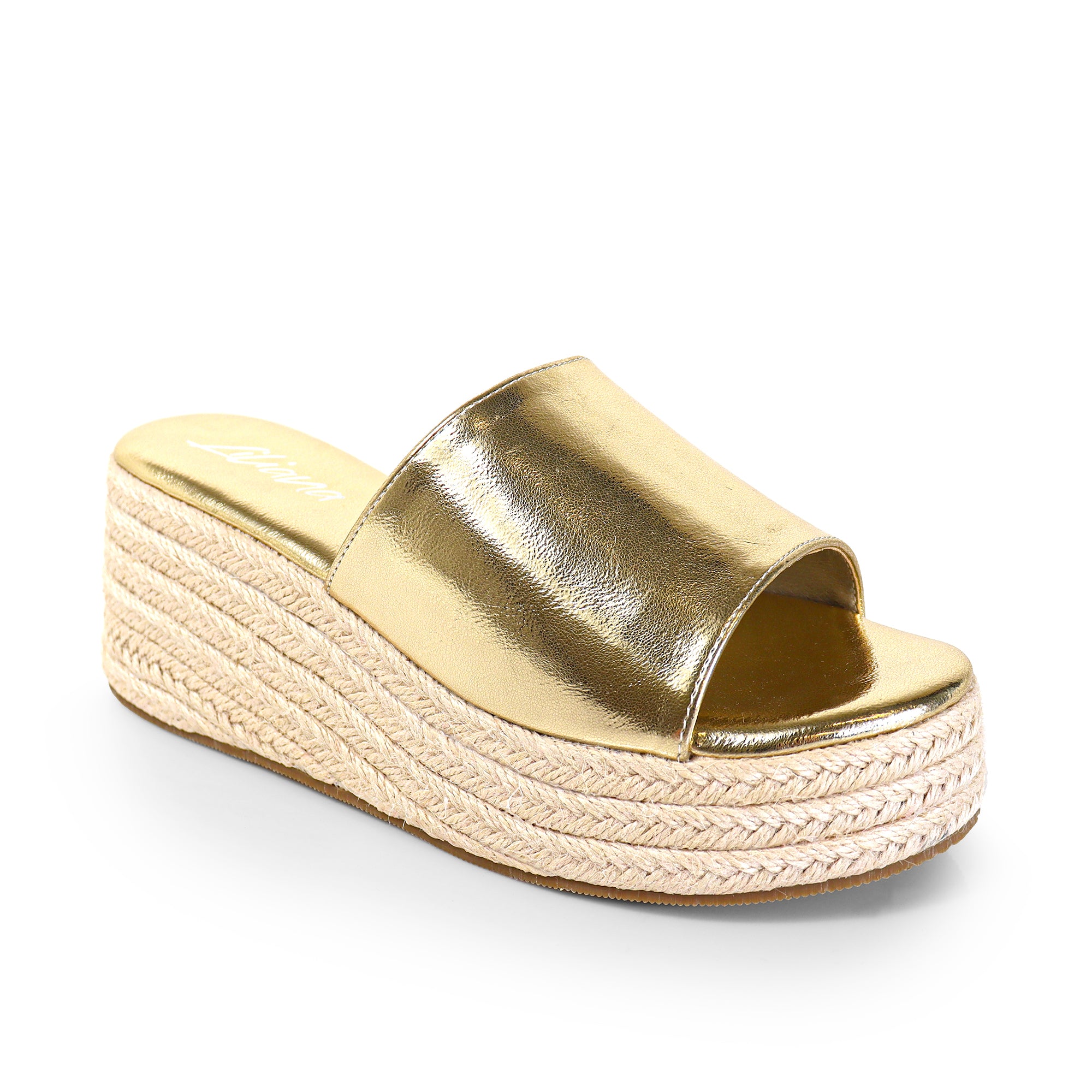 MARINA-3 OPEN ROUND TOE MULE W/ ESPADRILLE PLATFORM WEDGE GOLD