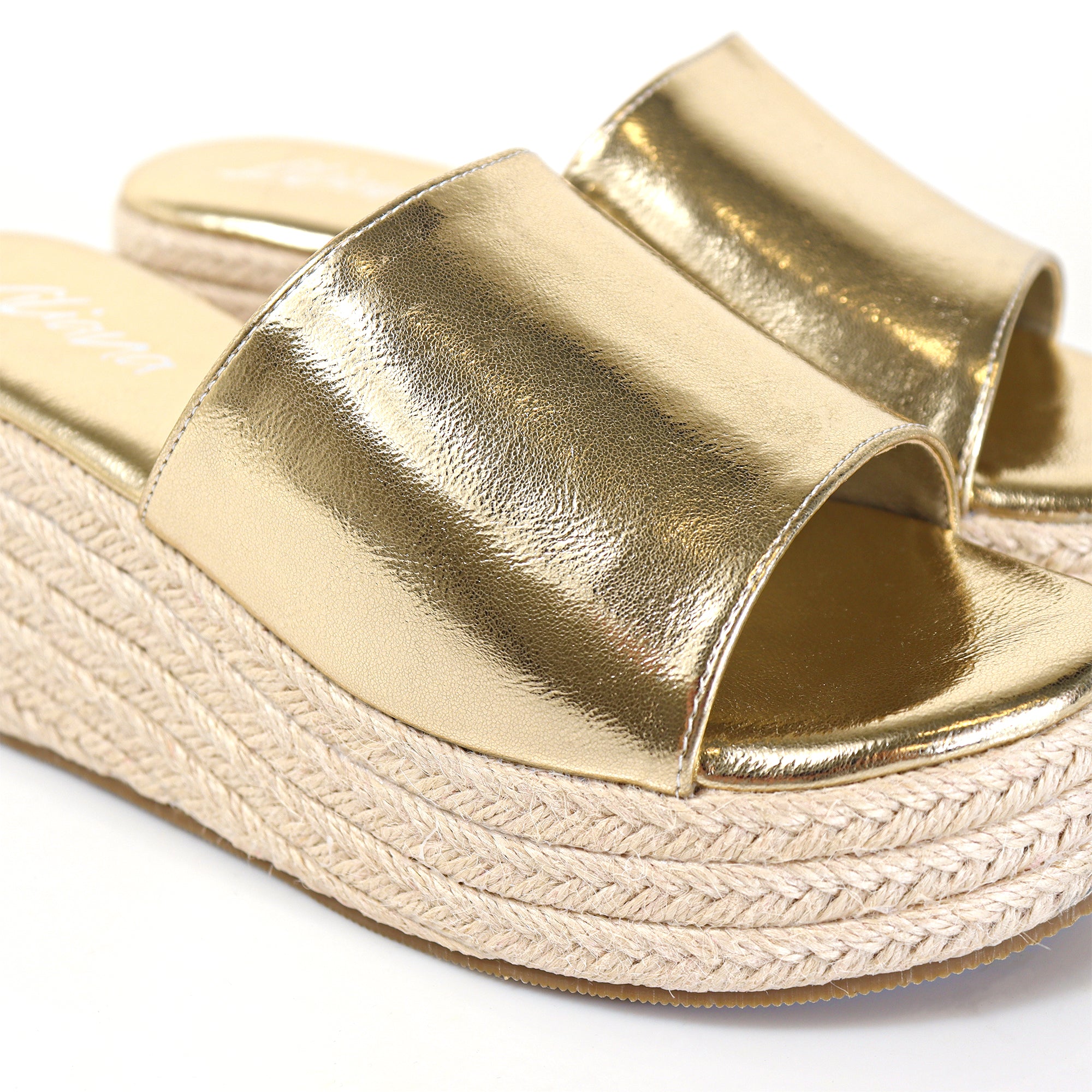 MARINA-3 OPEN ROUND TOE MULE W/ ESPADRILLE PLATFORM WEDGE GOLD