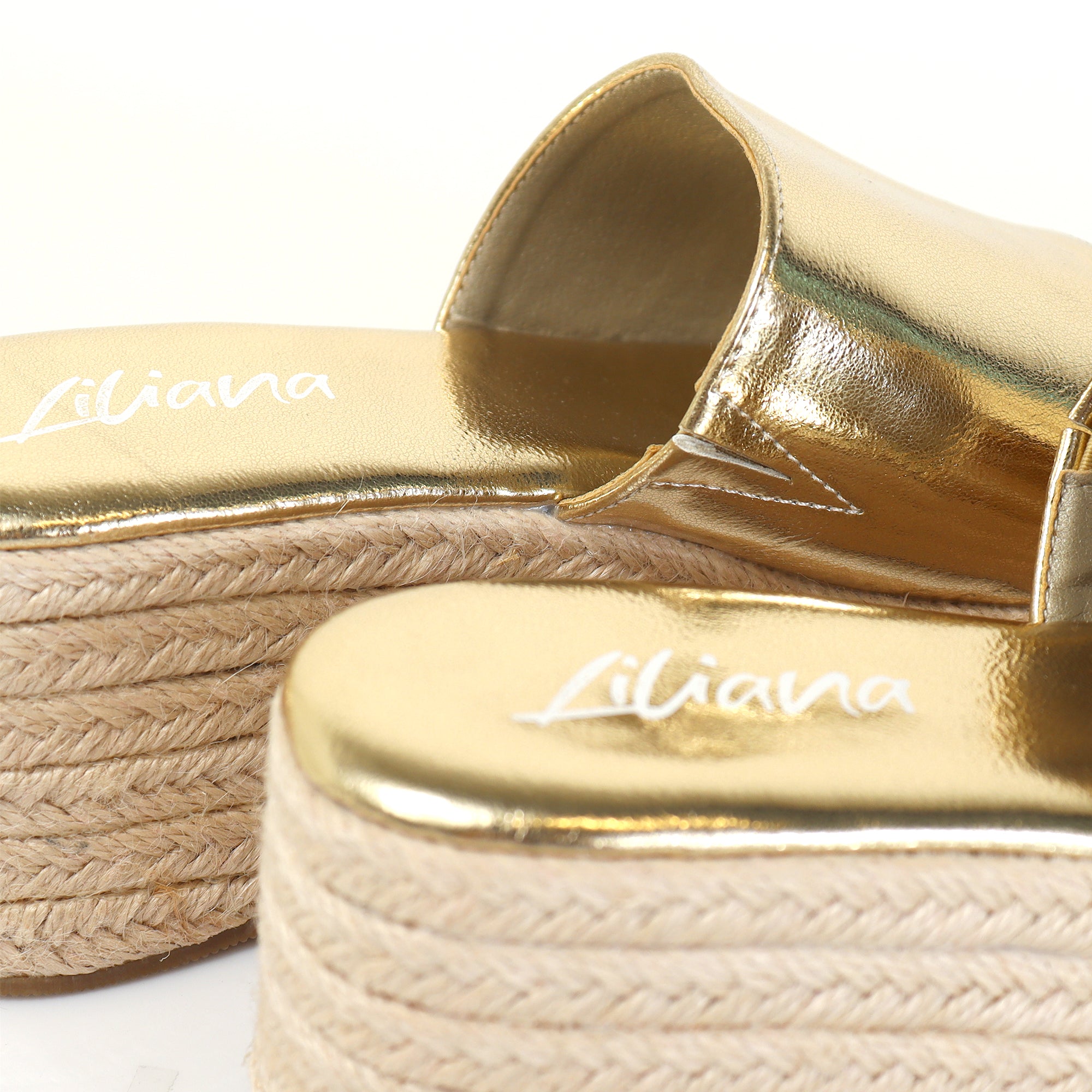 MARINA-3 OPEN ROUND TOE MULE W/ ESPADRILLE PLATFORM WEDGE GOLD