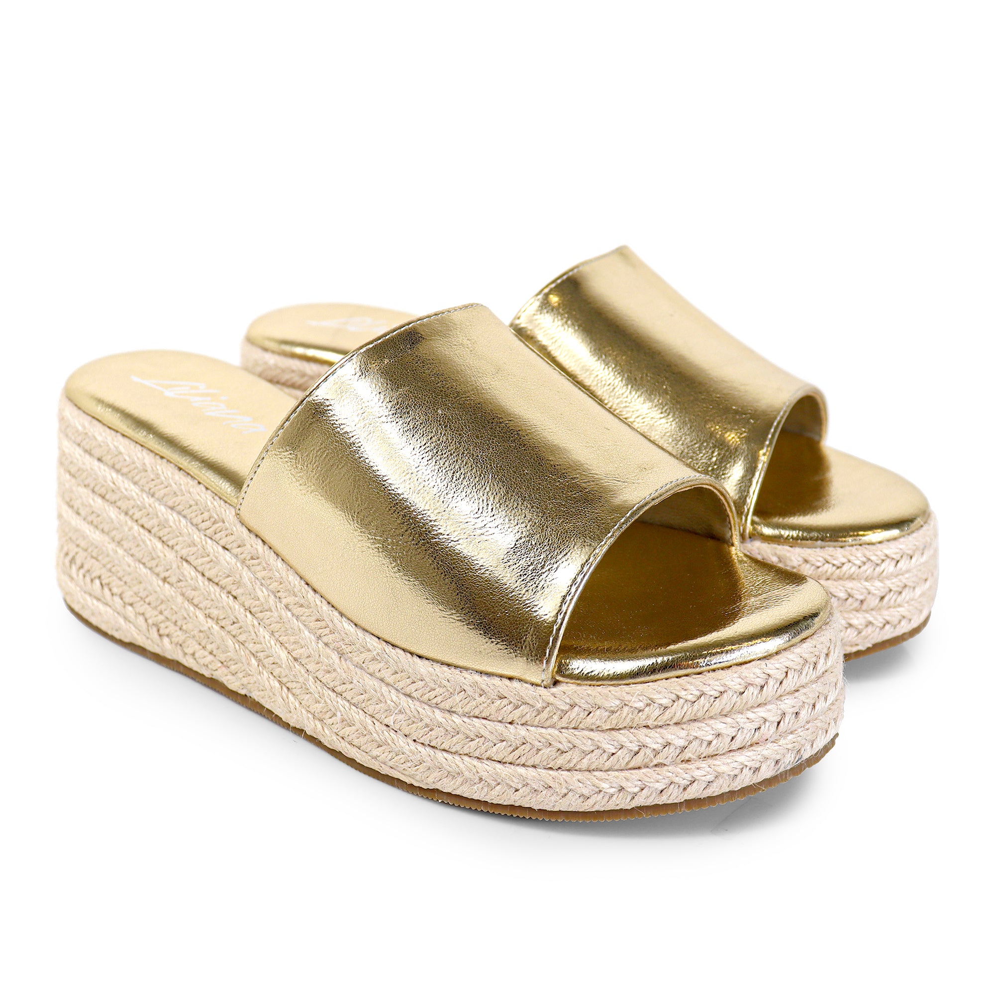 MARINA-3 OPEN ROUND TOE MULE W/ ESPADRILLE PLATFORM WEDGE GOLD